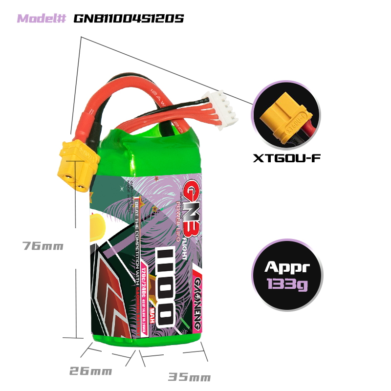 2PCS - GAONENG GNB 4S 14.8V 1100mAh 120C XT60 LiPo Battery