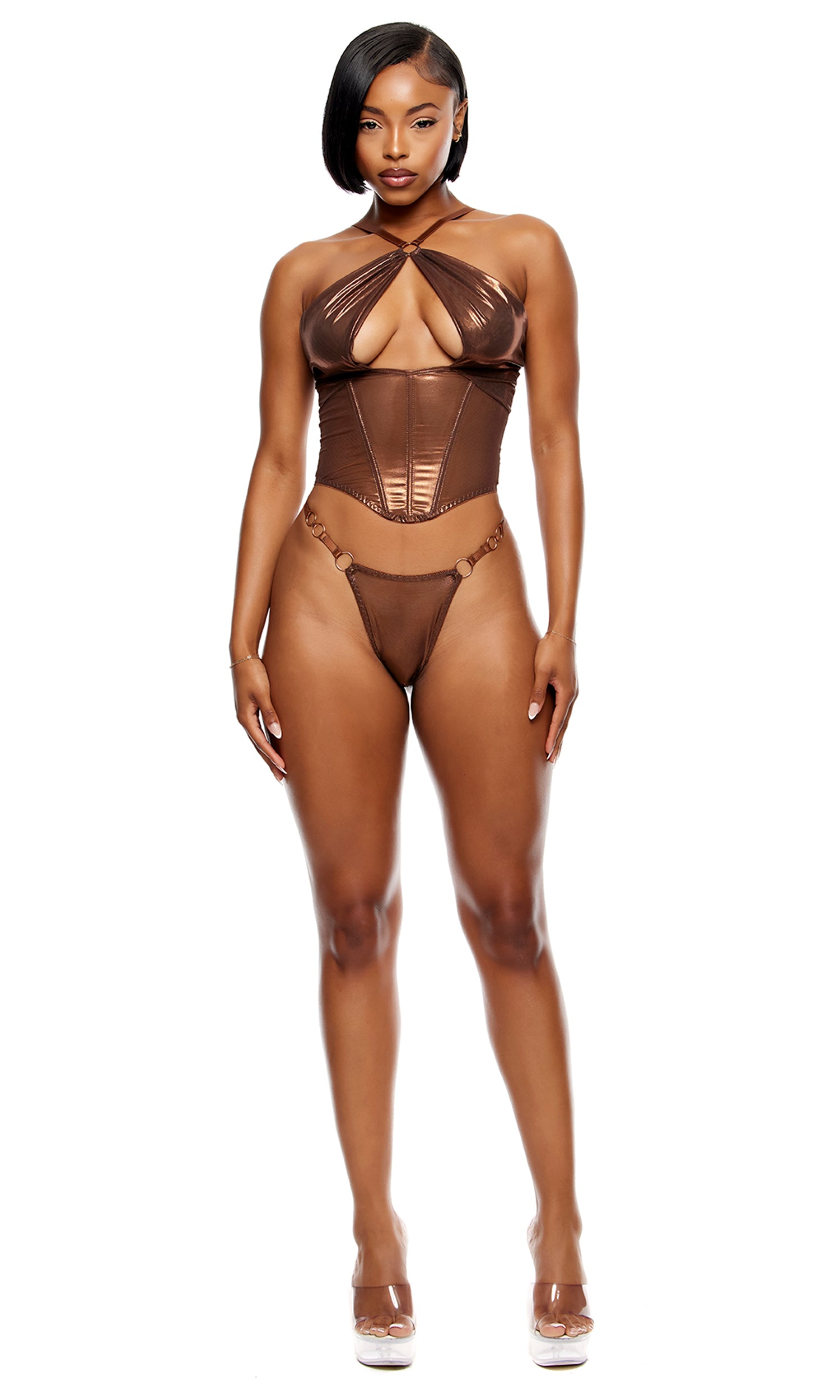 Liquid Metal Metallic Mesh Bustier Lingerie Set - Copper、mySite、bengalsvssteelers