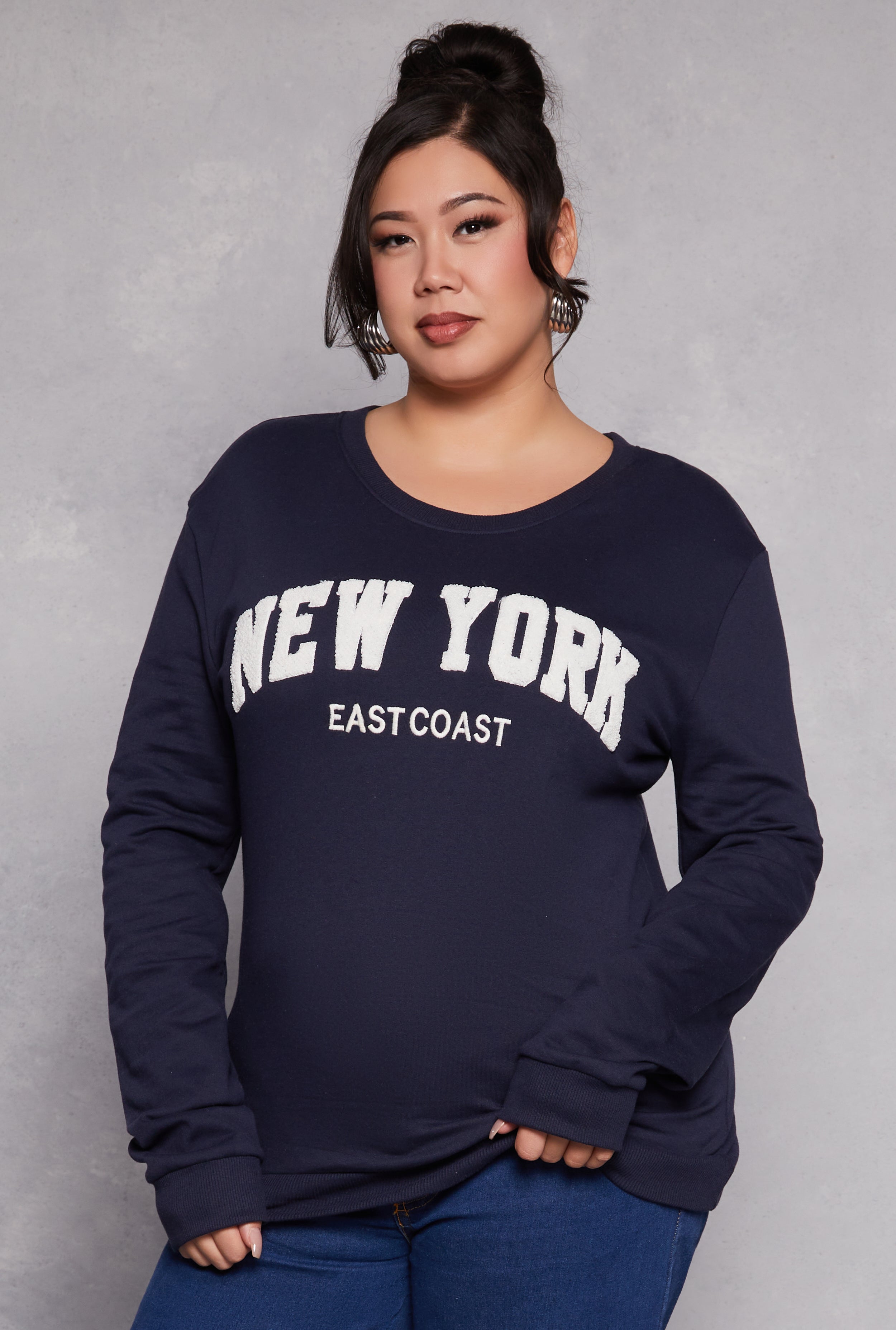 Plus Size New York Chenille Patch Sweatshirt、mySite、camillekostekn