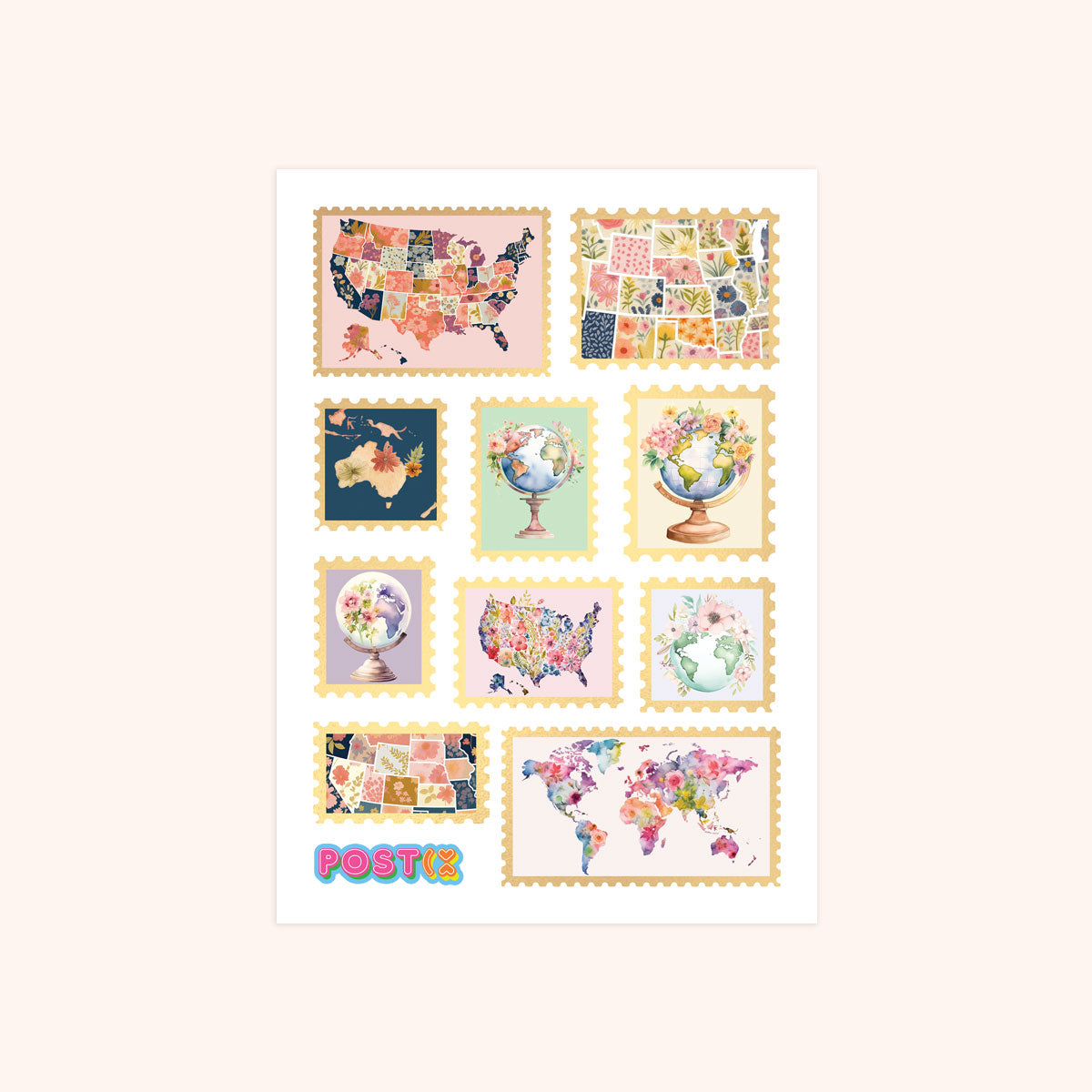  World Stamps A6 Gold Foil Washi Sticker Sheet、mySite、ghnorth
