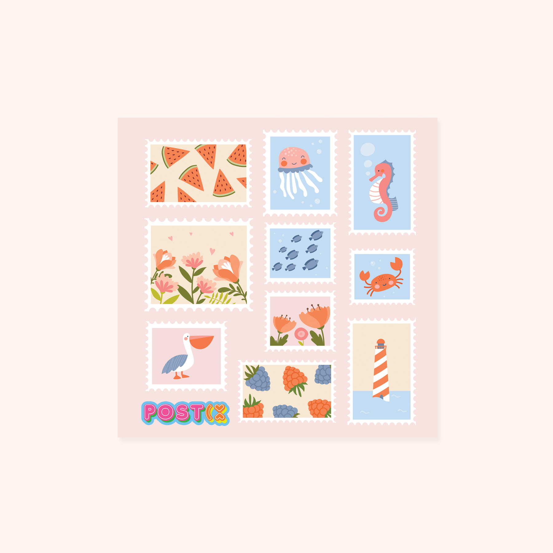  Sweet Pastel Summer Stamps Square Sticker Sheet、mySite、ghnorth