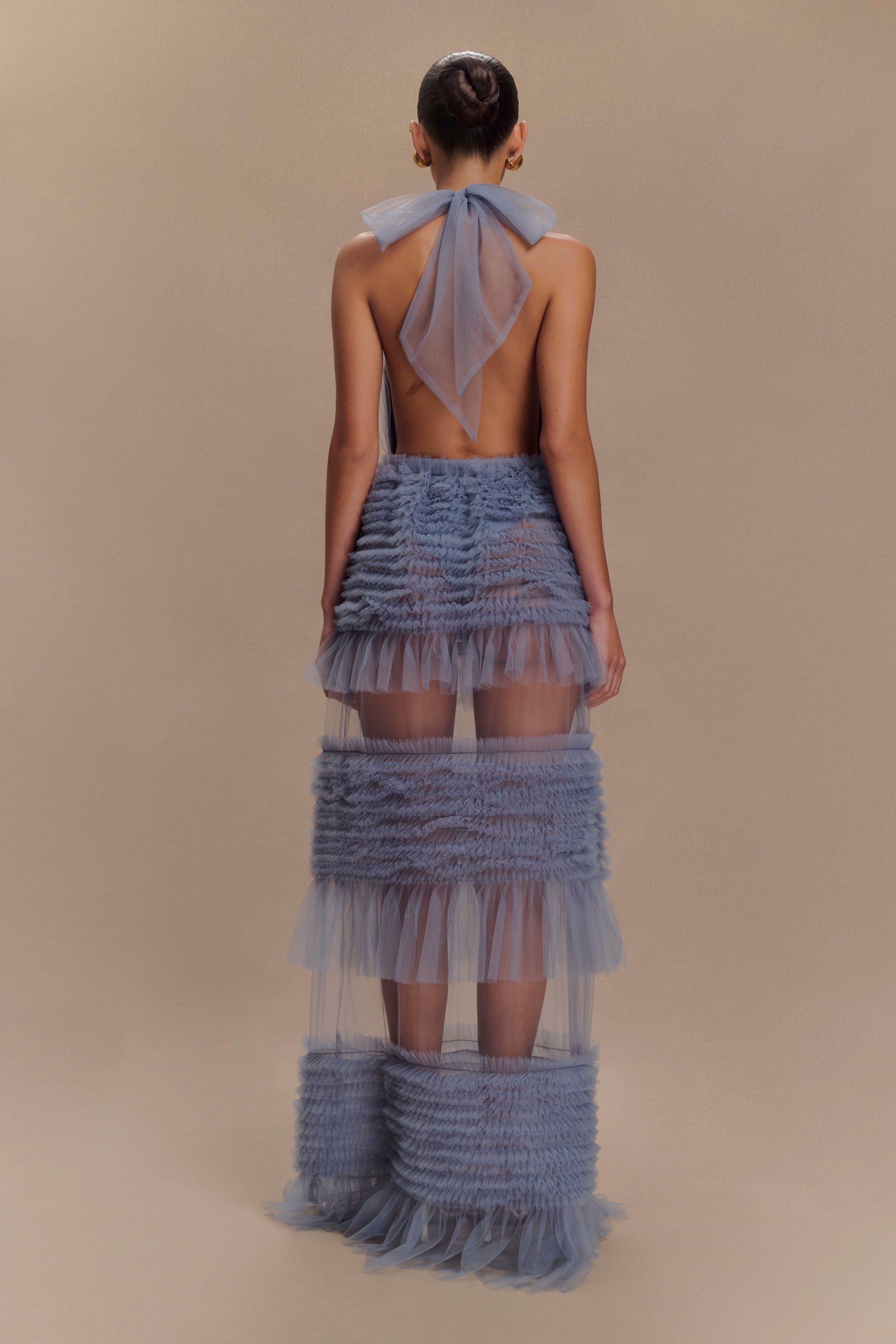 Minka Mesh Ruffle Halter Maxi Dress - Dusty Blue、mySite、solidvoid