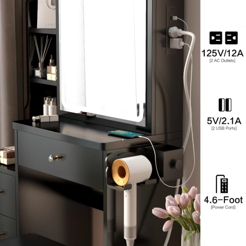 29.2" Small Size Left Bedside Cabinet Vanity Table + Cushioned Stool, Large Sliding, Touch Control, Tri-color Switching, Brightness Adjust LED Mirror, High Capacity Storage, Suitable for Small Space、、xpatfood