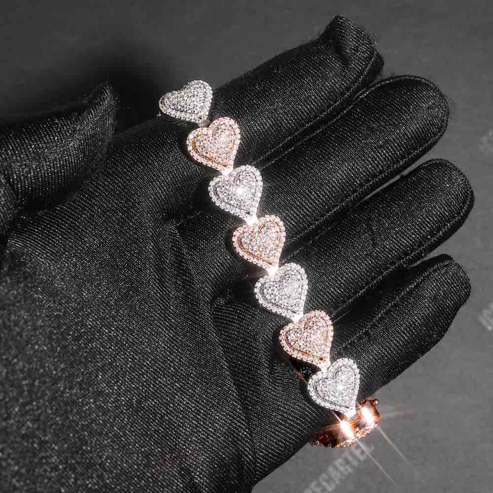 Two Tone Iced Out Baguette Heart Tennis Bracelet 14K Gold - 13MM、mySite、hinf8tx79