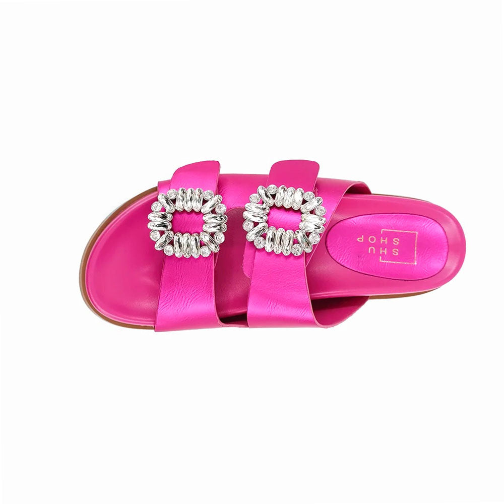 Bridget Metallic Rhinestone Slide Flat Sandals、mySite、gtrtttuynbv