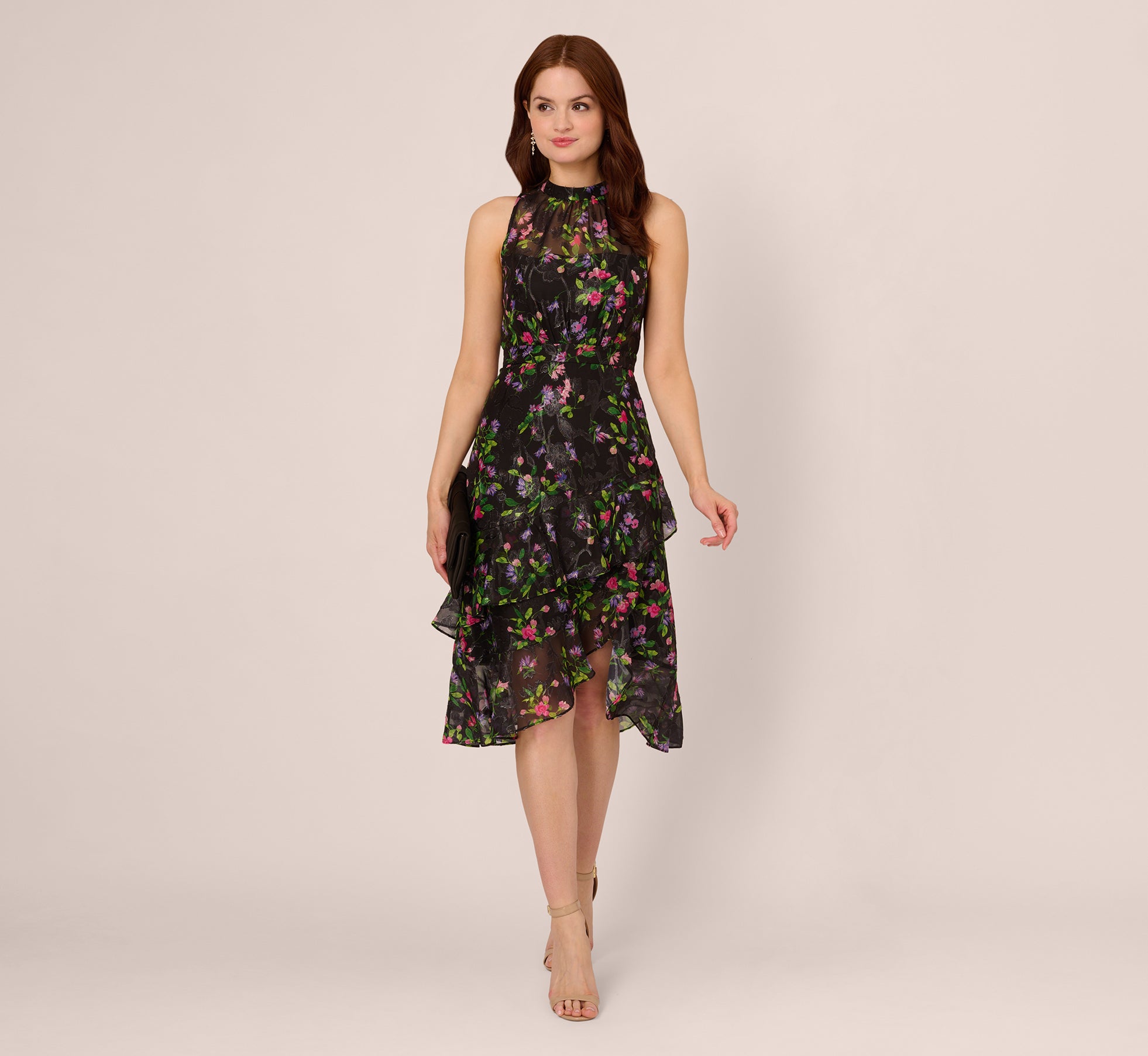 Floral Chiffon Halter Midi Dress With Flounce Hem In Black Multi、mySite、solidvoid