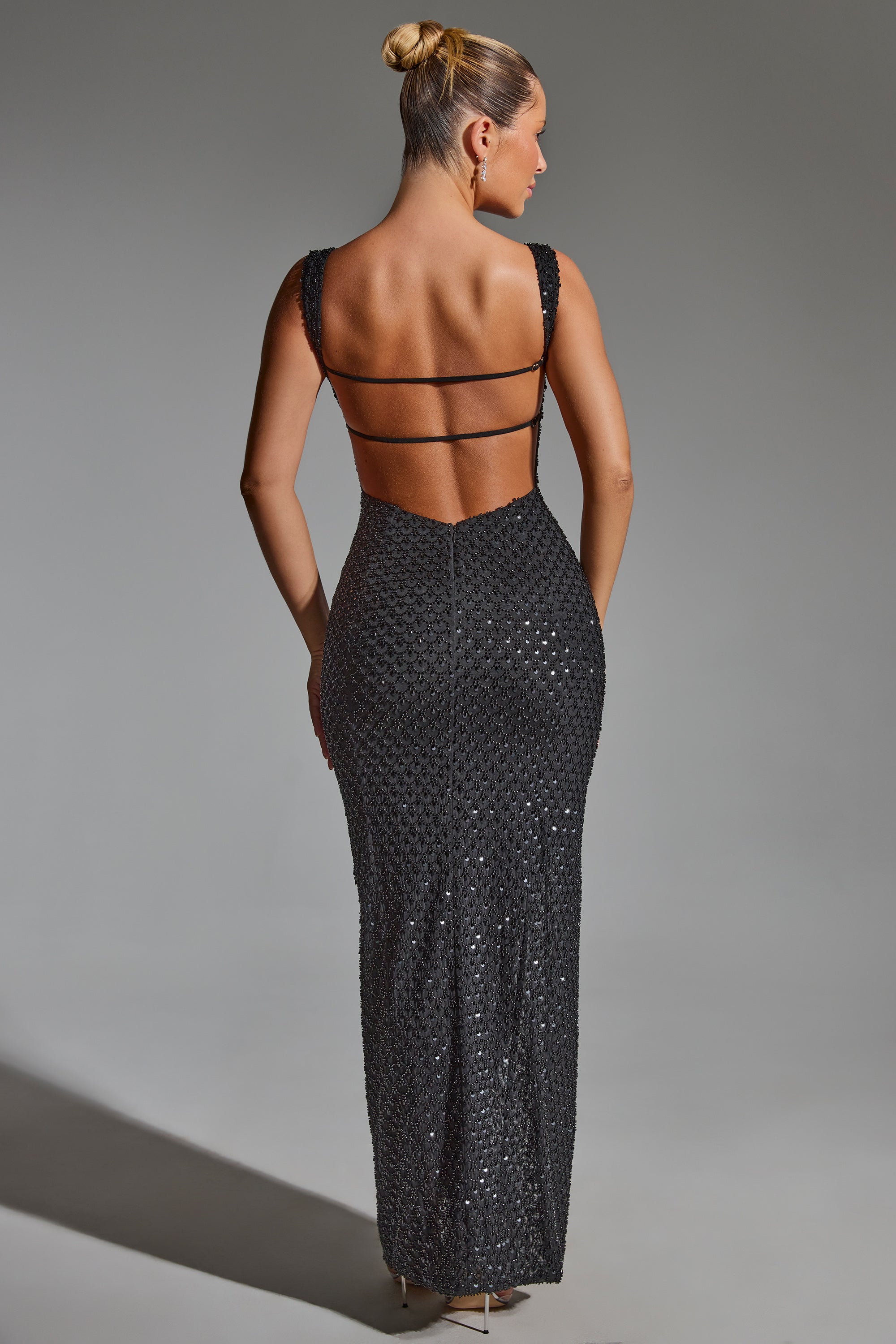 Embellished Open-Back Maxi Dress in Black、mySite、solidvoid