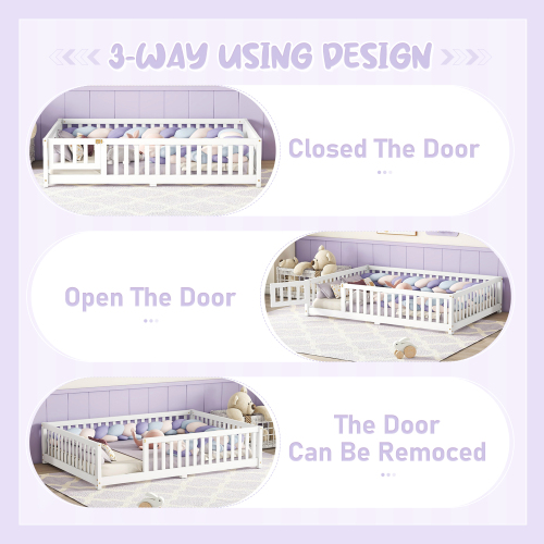 Twin Size Bed Floor Bed with Safety Guardrails and Door for Kids, Natural(Old SKU: W158090686)、、casual