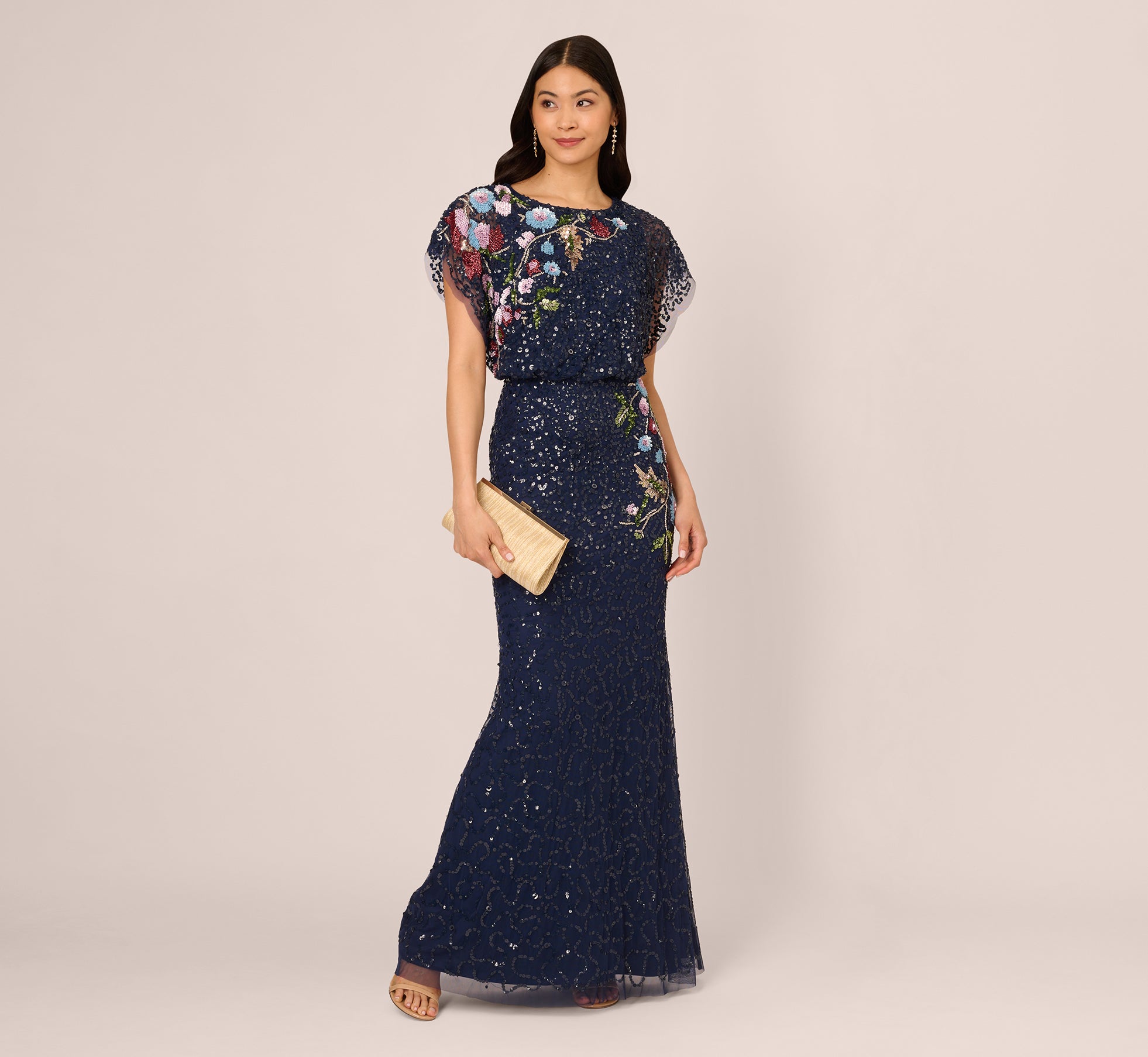 Multicolor Floral Beaded Mermaid Gown With Dolman Sleeves In Midnight Multi、mySite、solidvoid
