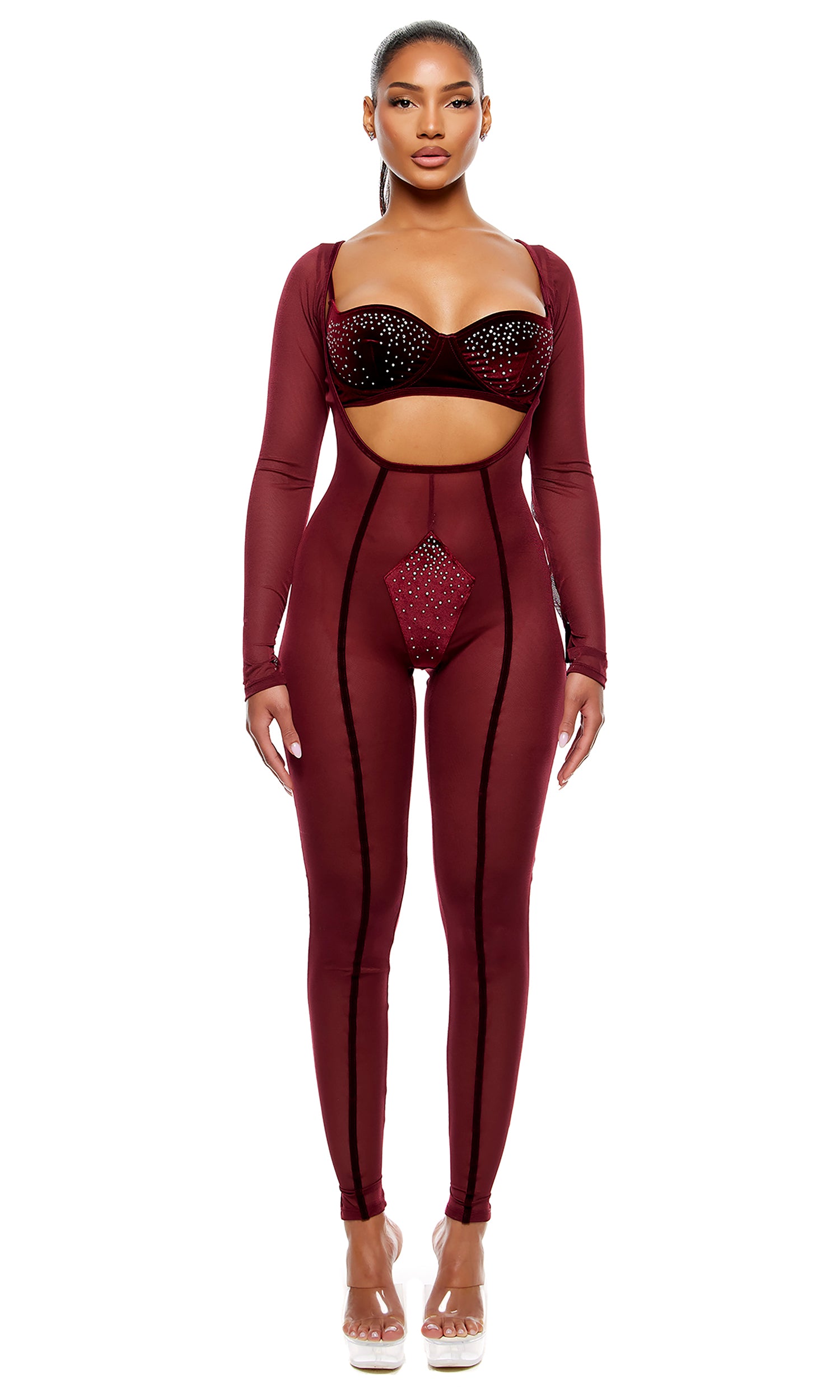Caught Your Eye Velvet Rhinestone Jumpsuit Lingerie Set - Wine、mySite、bengalsvssteelers