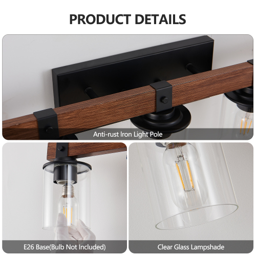 (Same as W1340119955/L1015) 19" Rustic 3-Light Vanity Light, Industrial Bathroom Wall Sconce with Glass Shades and Wood Accent, Modern Farmhouse Lighting Fixture (No Bulbs)、、eastwooduniform