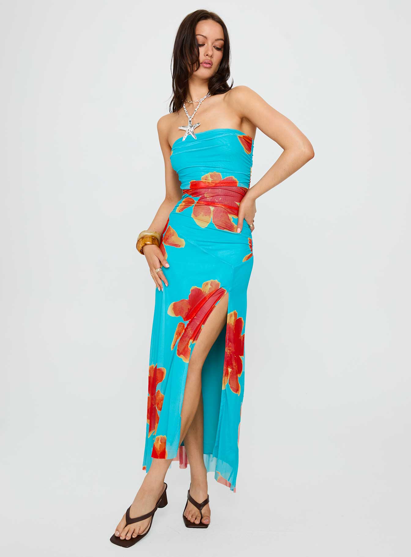 Katara Strapless Maxi Dress Blue / Orange Floral、mySite、solidvoid