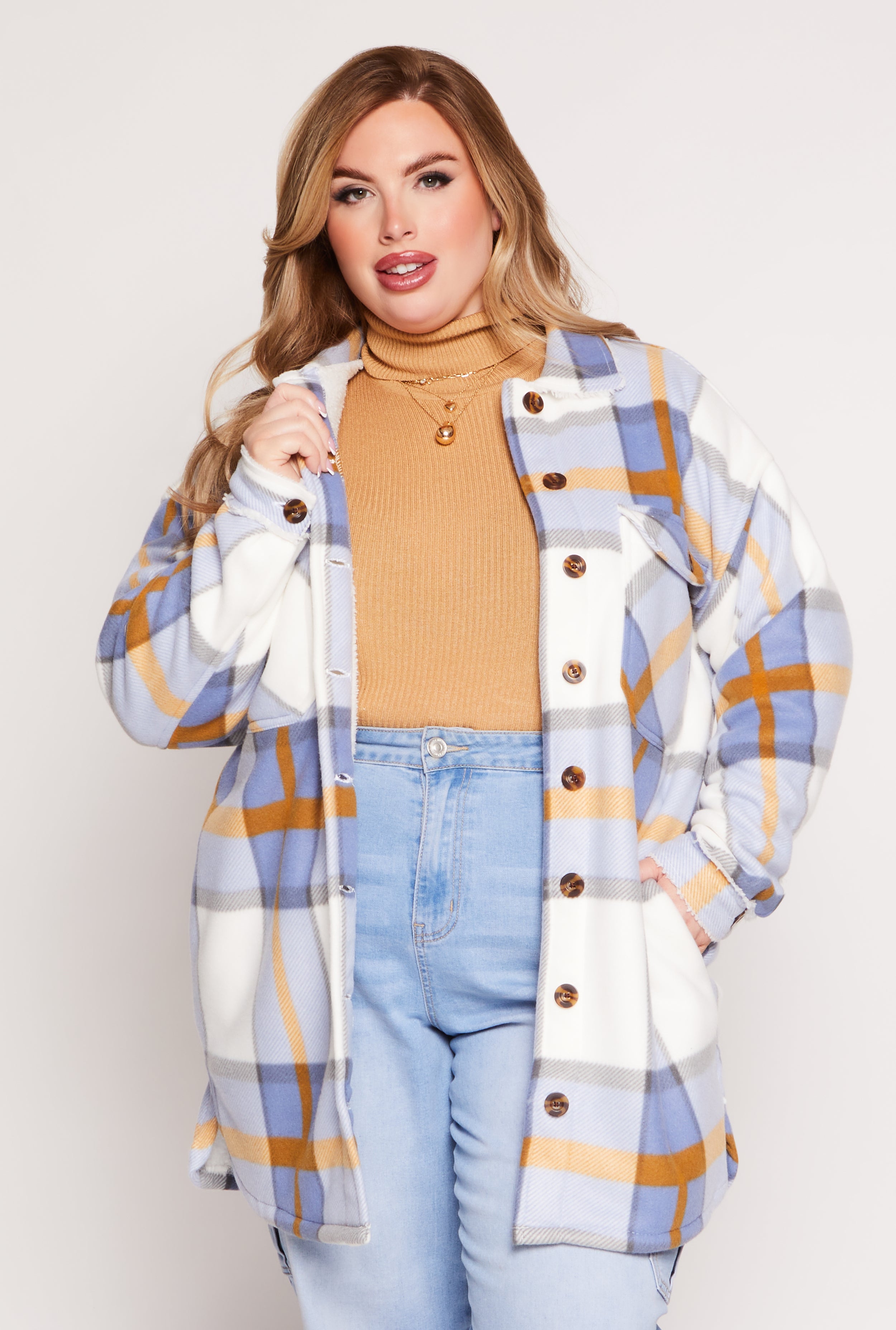 Plus Size Plaid Long Shacket、mySite、camillekostekn