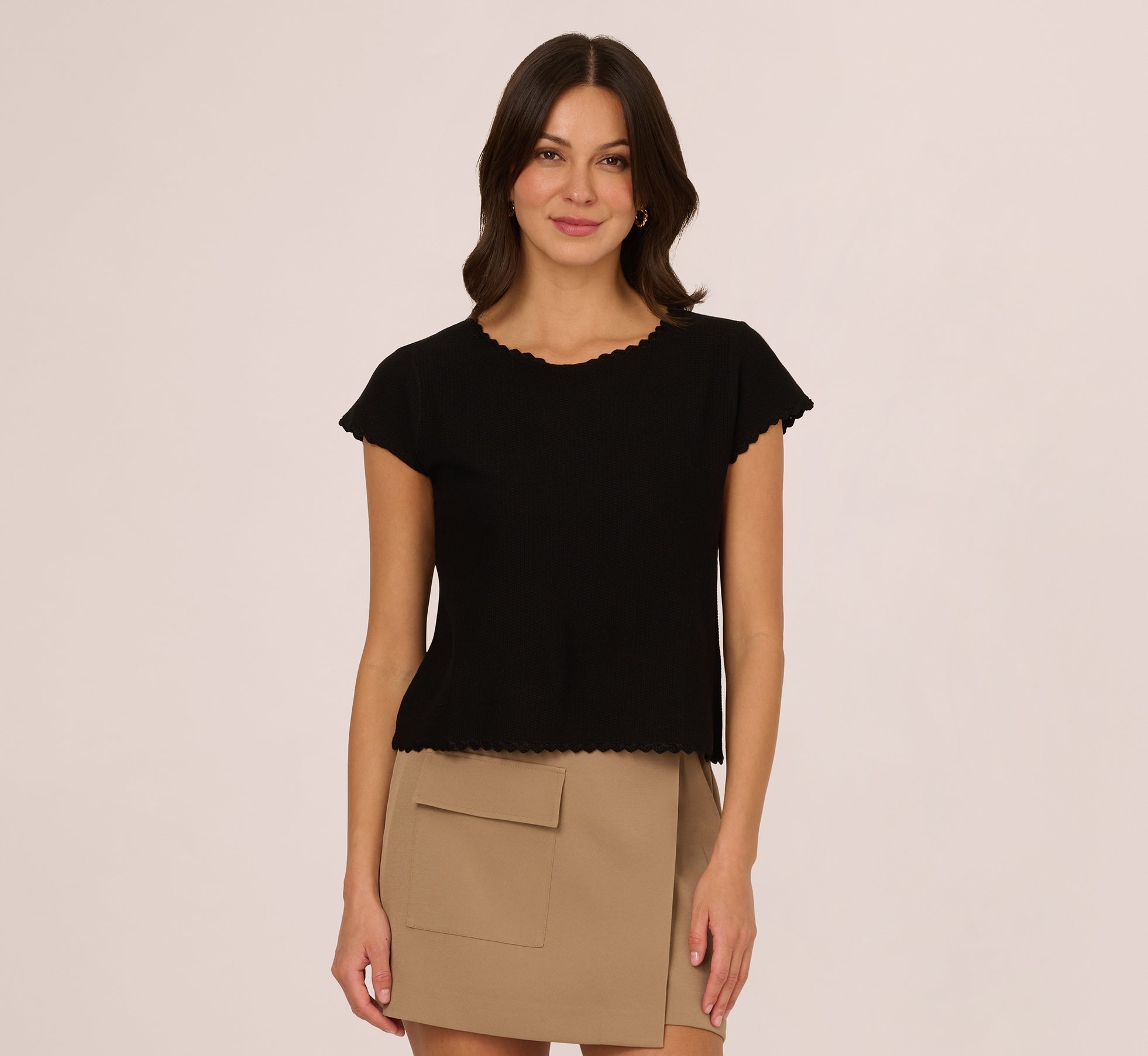 Cap Sleeve Crochet Scallop Sweater Top In Black、mySite、solidvoid