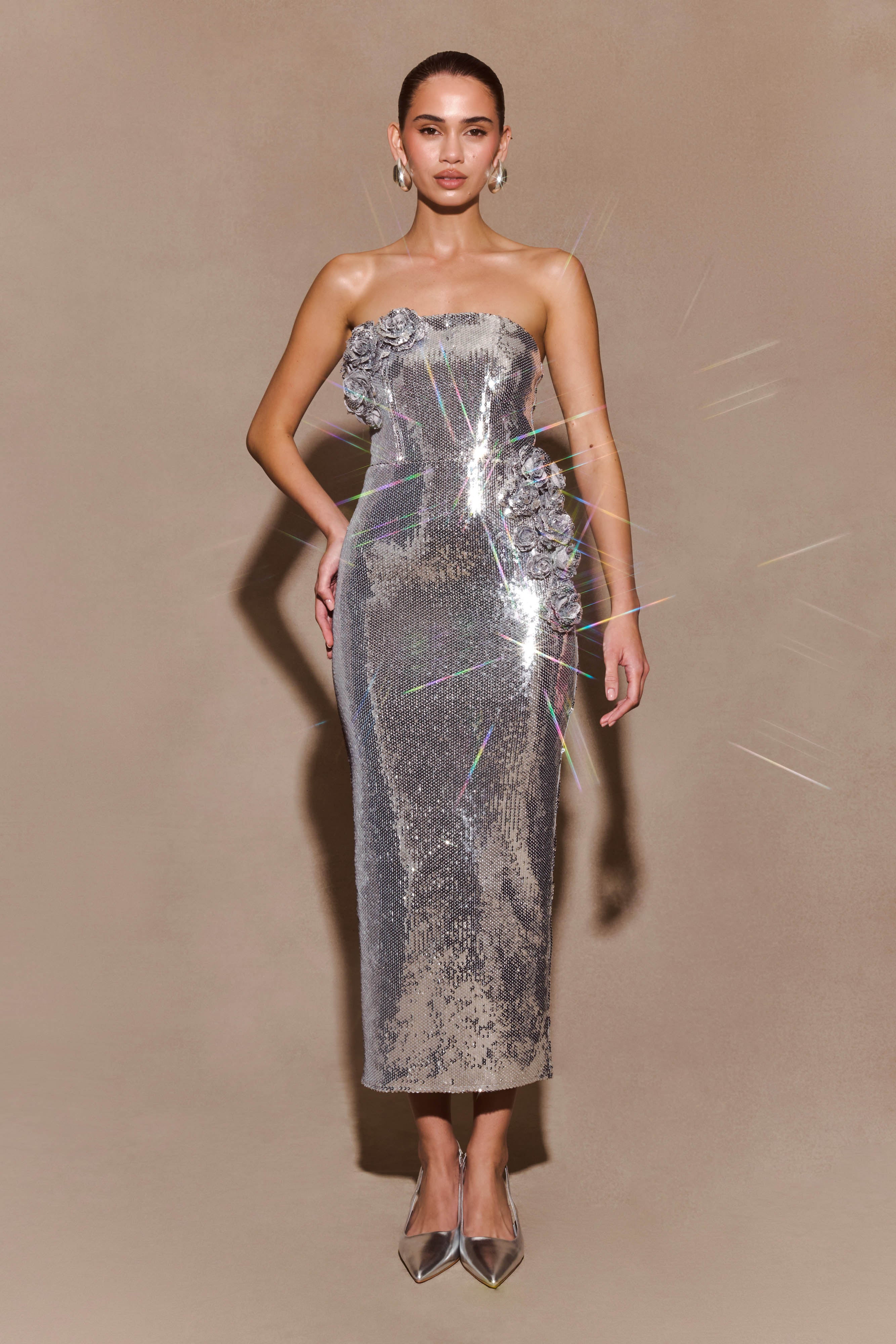 Cassia Strapless Sequin Rose Midi Dress - Silver、mySite、solidvoid