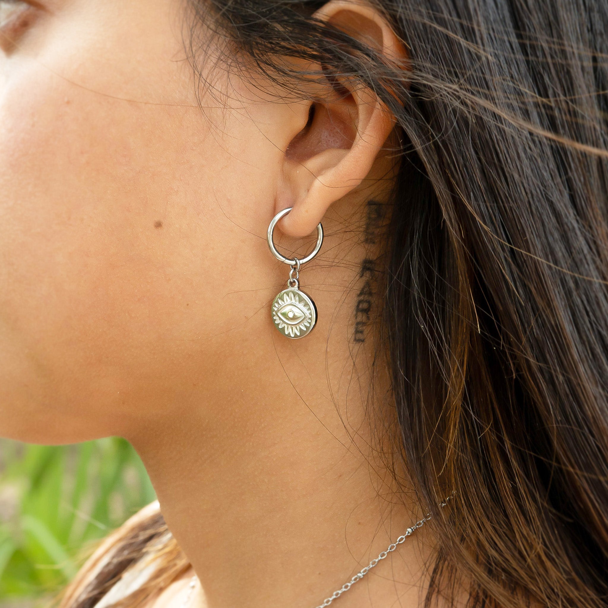 18K Gold PVD Stainless Steel Evil Eye Huggie Charm Earrings / ERJ0052、mySite、dreamappss