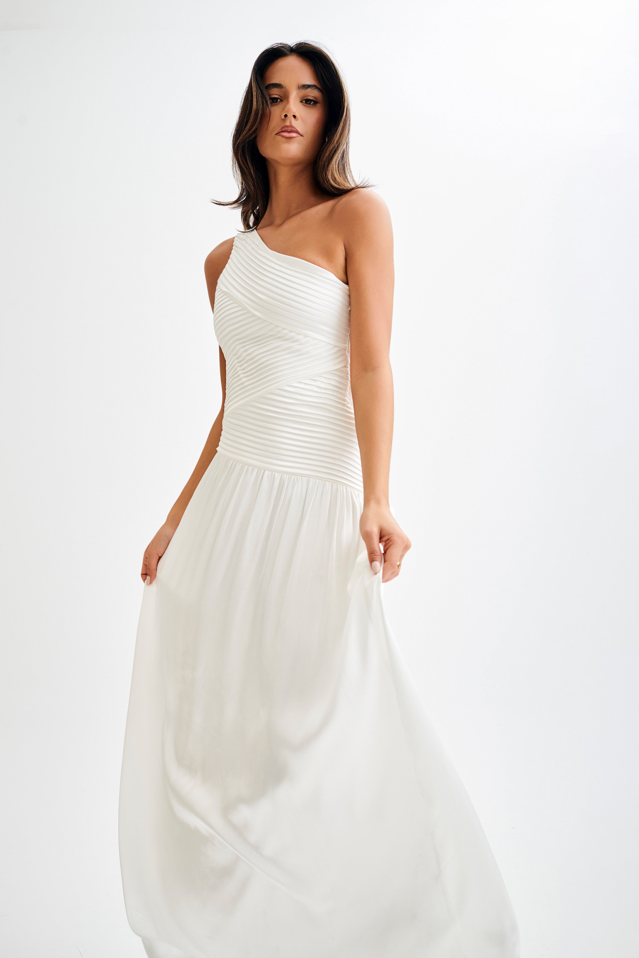 Jenna One Shoulder Pleated Maxi Dress - Ivory、mySite、solidvoid