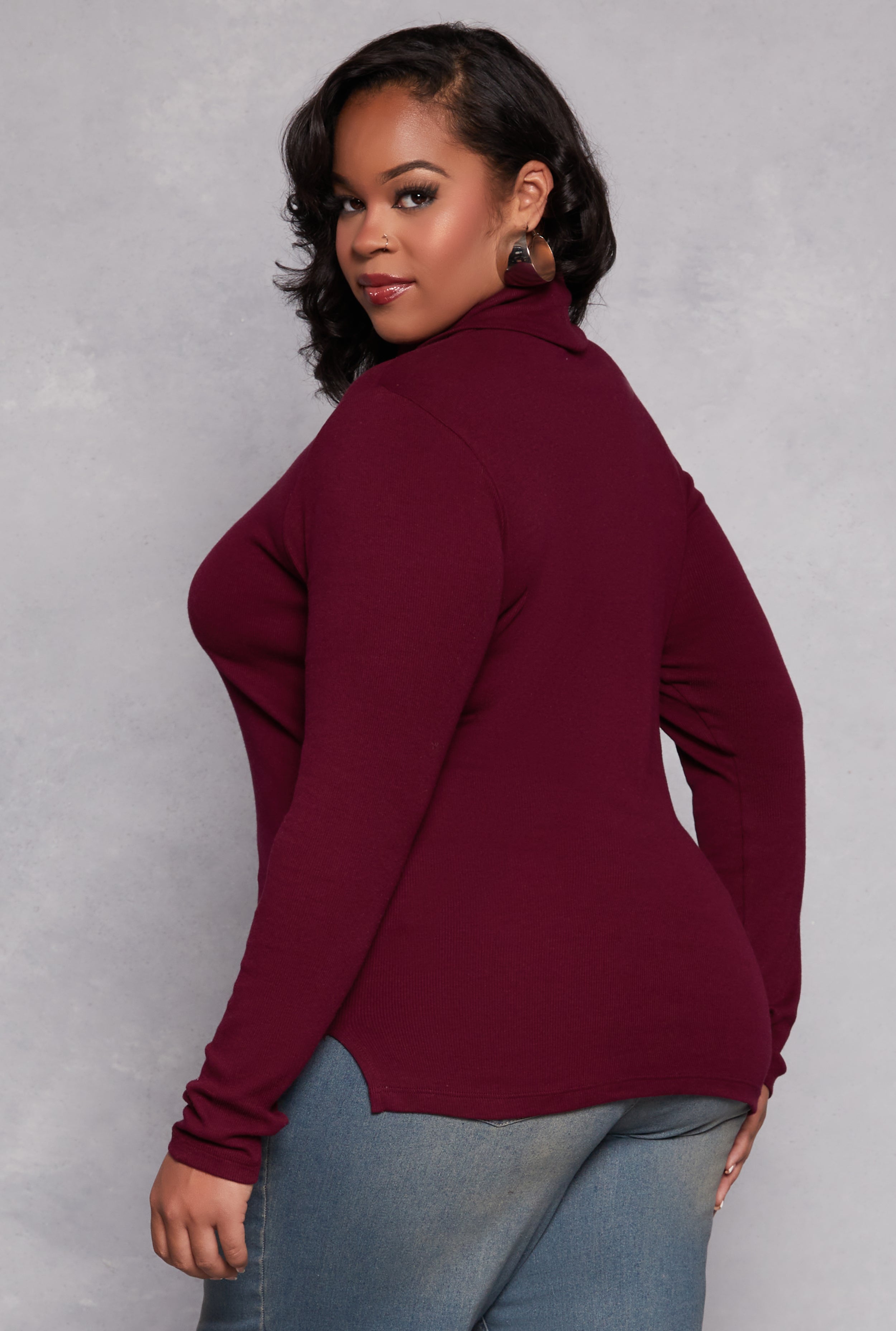 Plus Size Ribbed Knit Long Sleeve Turtleneck Top、mySite、camillekostekn