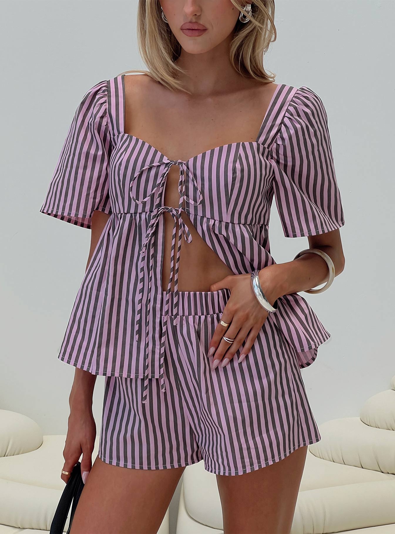 Two Young Hearts Tie Up Set Pink / Brown Stripe、mySite、solidvoid