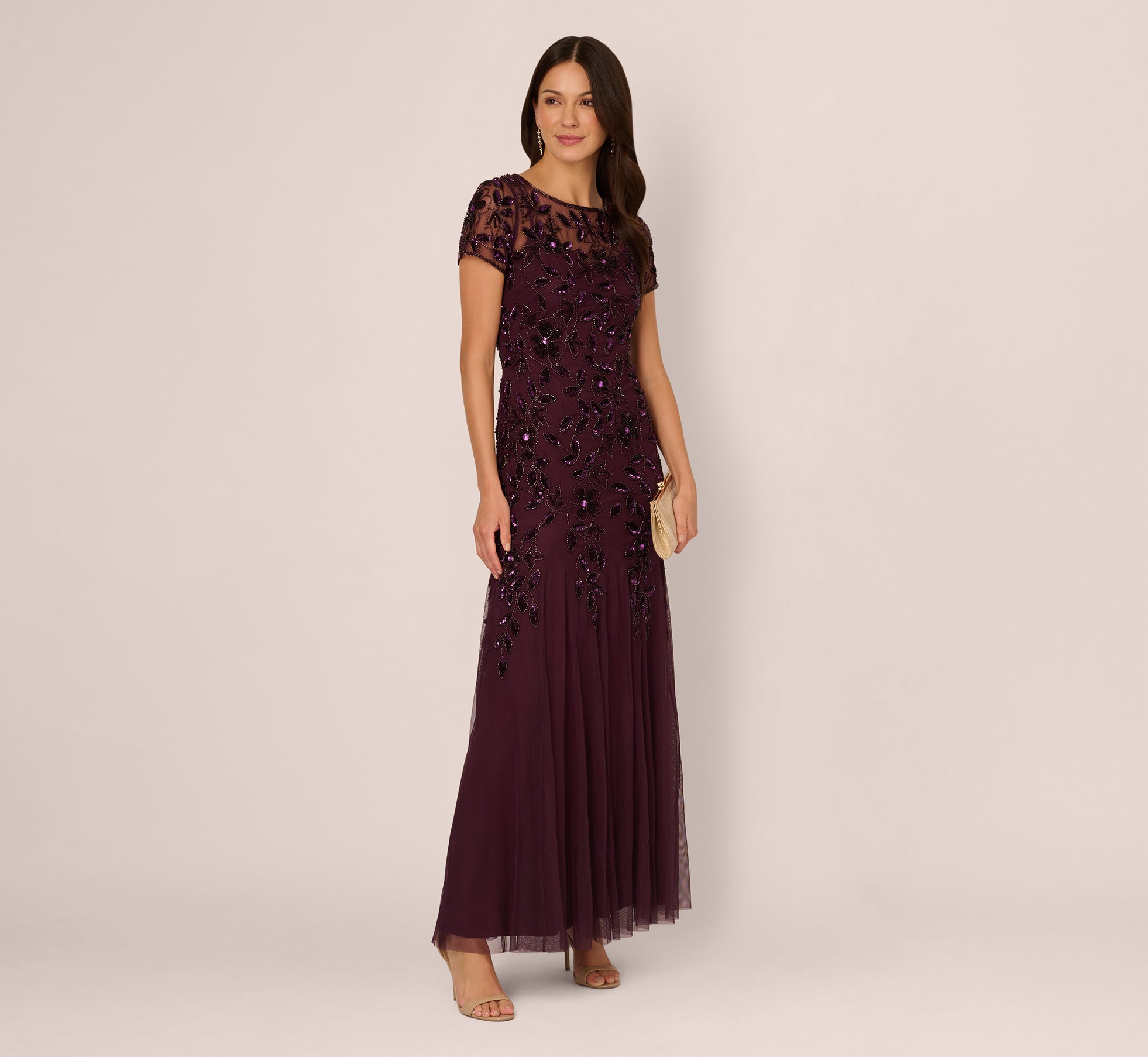 Hand Beaded Short Sleeve Floral Godet Gown In Night Plum、mySite、solidvoid