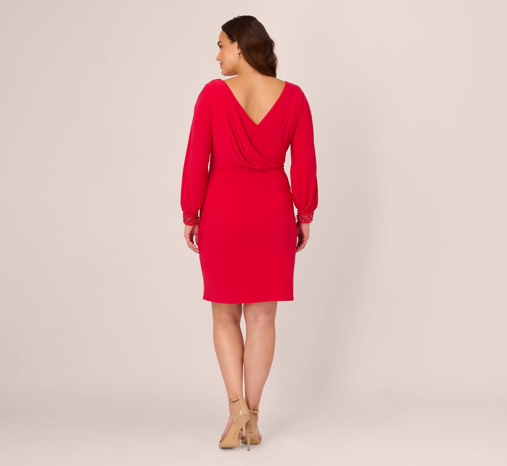 Plus Size Long Sleeve Draped Jersey Dress With Beaded Cuffs In Hot Ruby、mySite、solidvoid