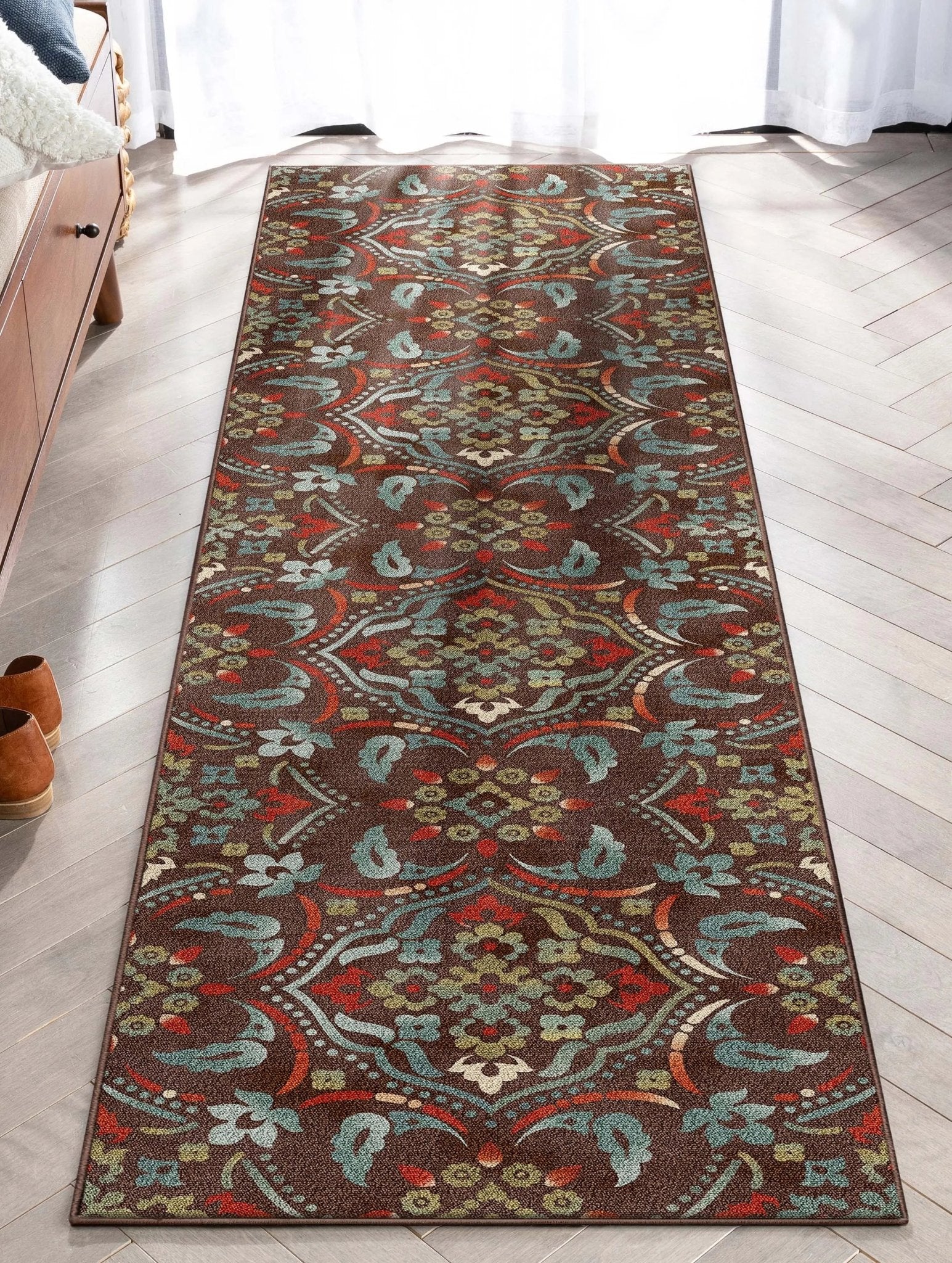 Florence Brown/Grey Floral Flat-Weave Cotton Backing Rug、mySite、gigharbornorthrealestate