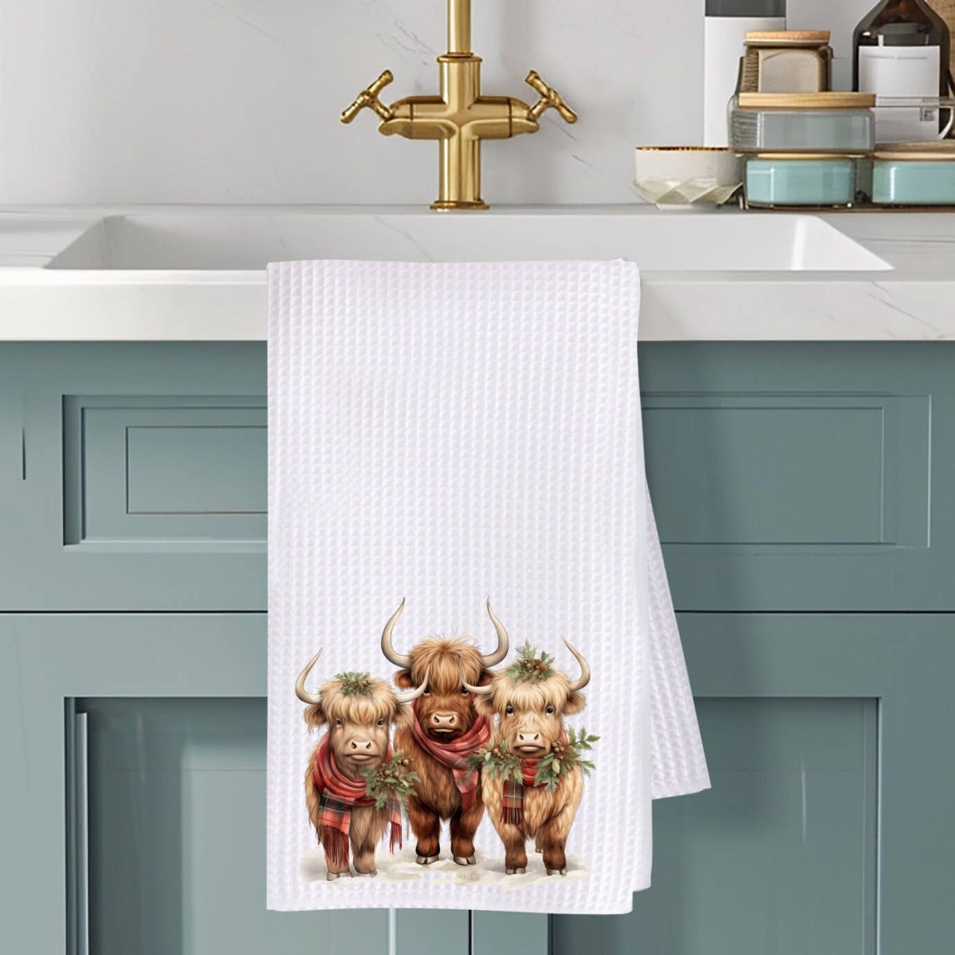 Highland Cow Trio Holiday Waffle Knit Ranch Farmhouse Kitchen Towel、mySite、g9winljtr
