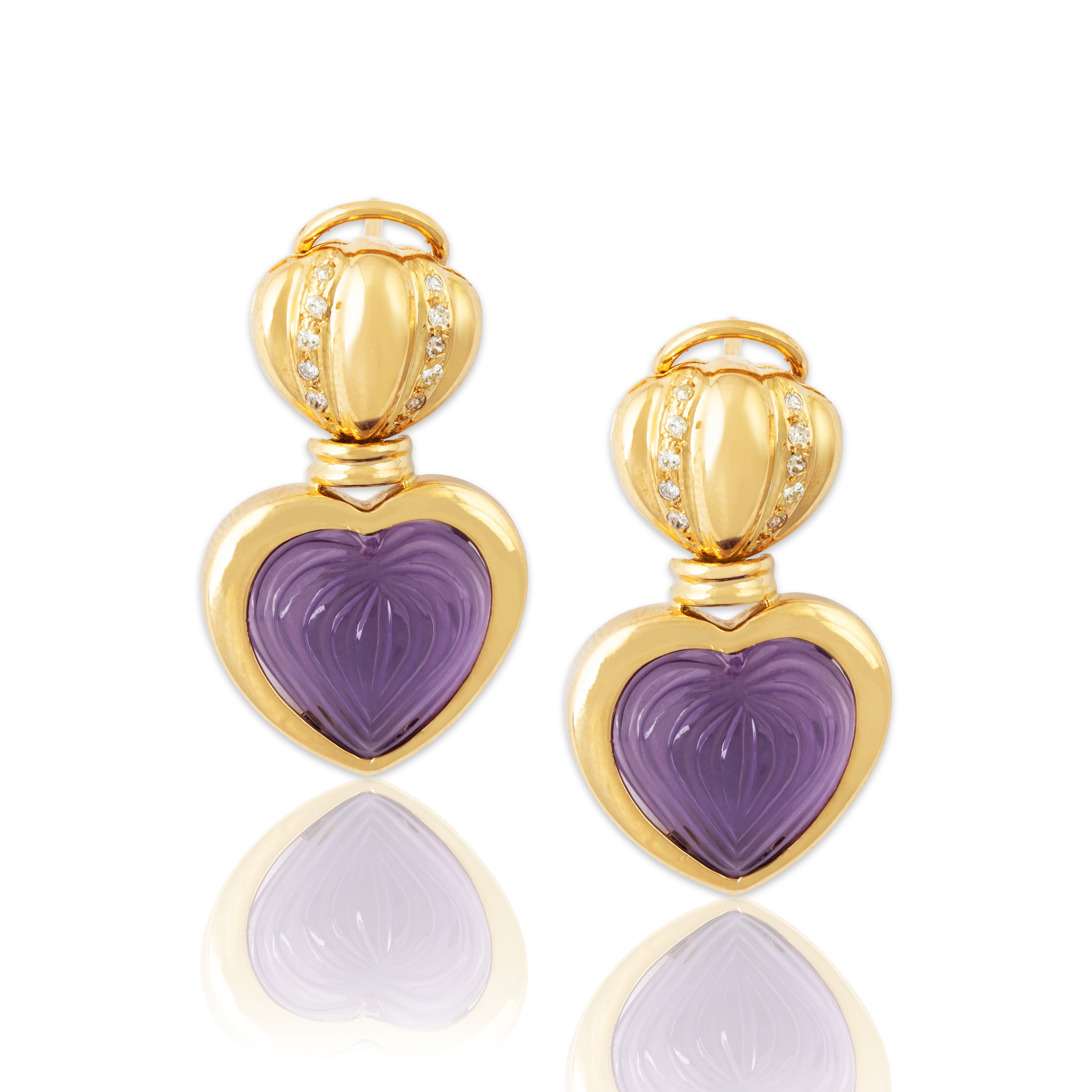 Vintage 18k Yellow Gold Amethyst Diamond Regal Hearts Statement Earrings、mySite、hinf8tx79
