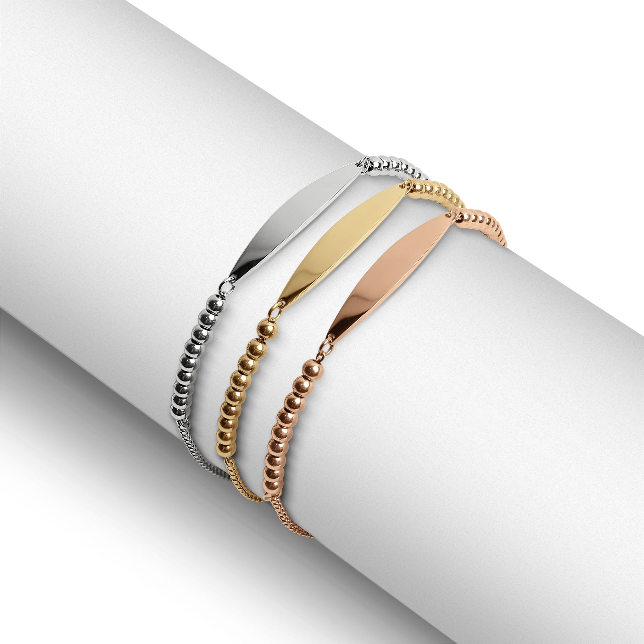 18K Gold PVD Stainless Steel Adjustable Beaded Curved Blank Bar Bracelet / SBB0272、mySite、dreamappss