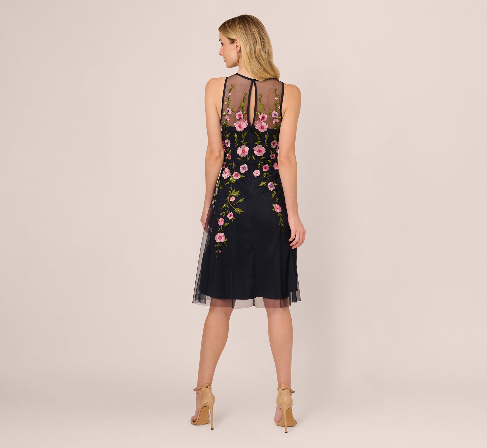 Floral Embroidered Illusion Midi Dress In Midnight Multi、mySite、solidvoid
