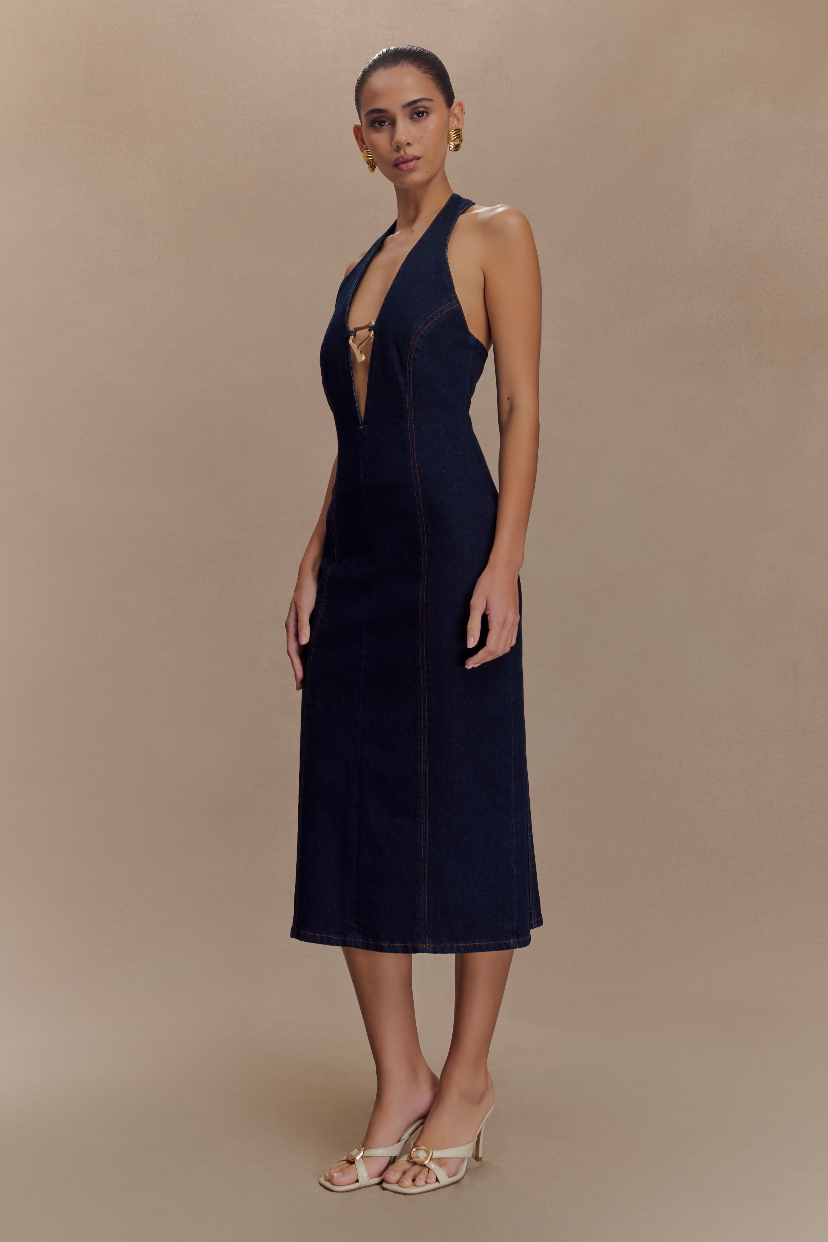 Shauna Denim Halter Midi Dress - Indigo Blue、mySite、solidvoid