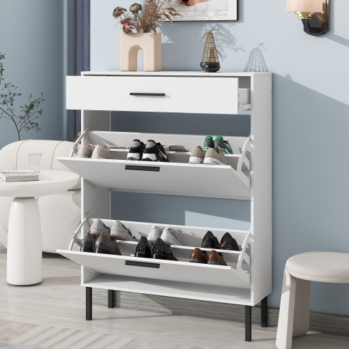 Wooden Shoe Cabinet for Entryway, White Shoe Storage Cabinet with 3 Flip Doors 20.94x9.45x43.11 inch、、casual