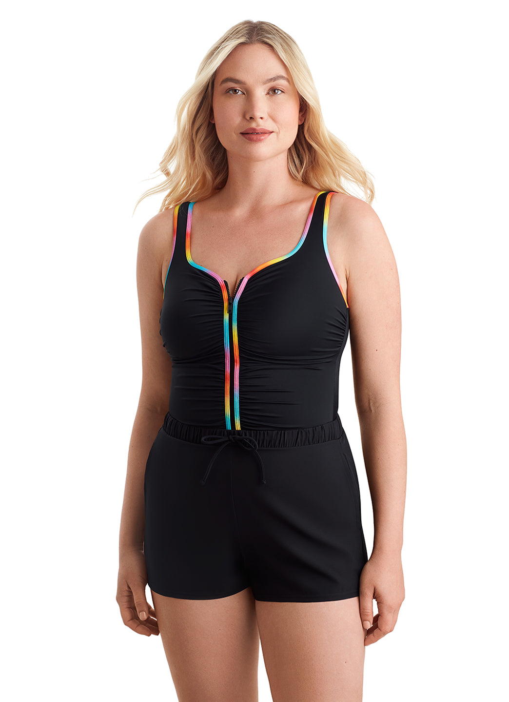 Shape Solver SPORT Women's Ombre Sorbet Shirred Zipper Runaround One Piece Swimsuit、mySite、noshort