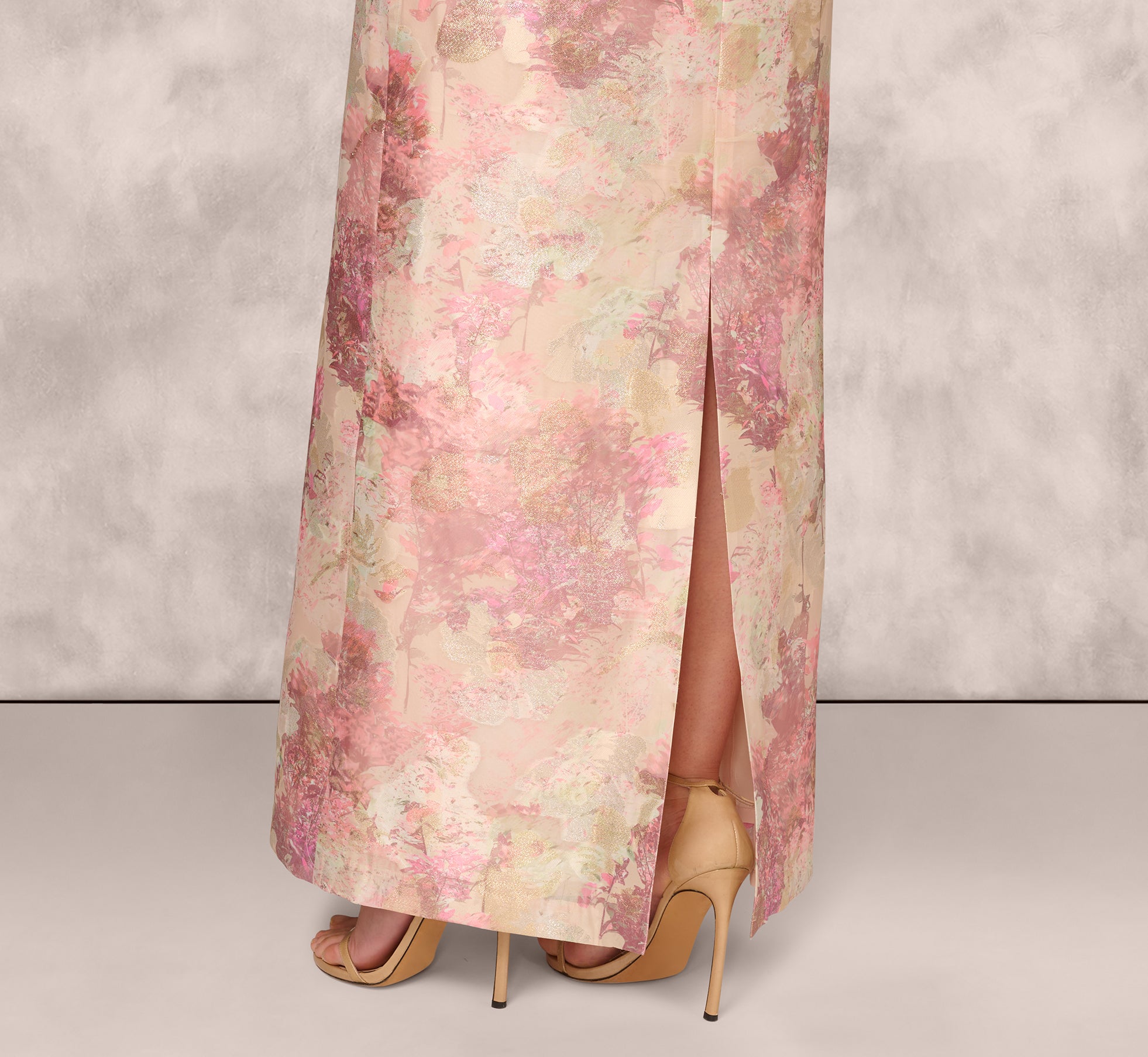 One Shoulder Pleated Jacquard Column Gown In Pink Multi、mySite、solidvoid