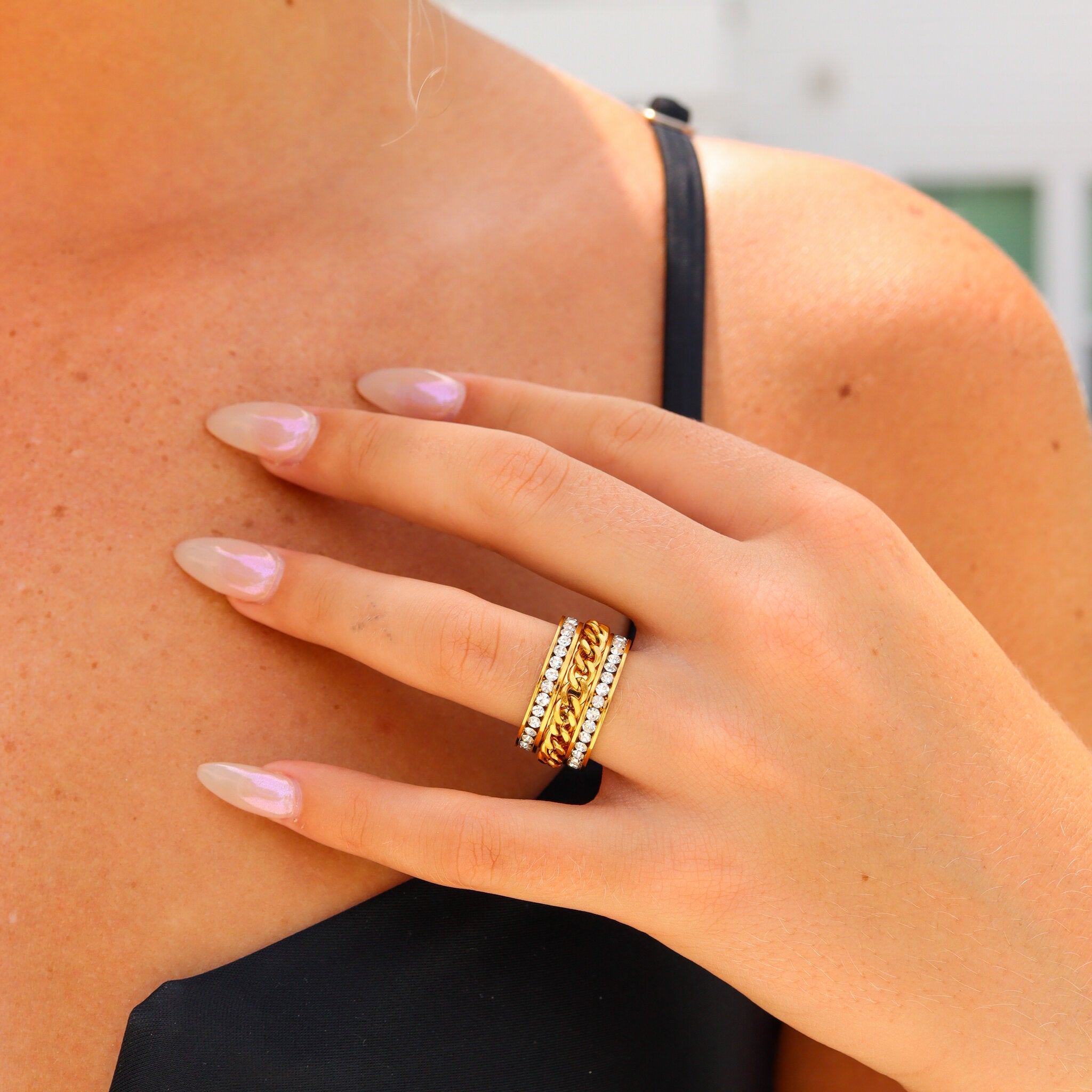 10 Pack - CZ Eternity With 18K Gold Center Chain Spinner Stainless Steel Ring / ZRJ9012、mySite、dreamappss