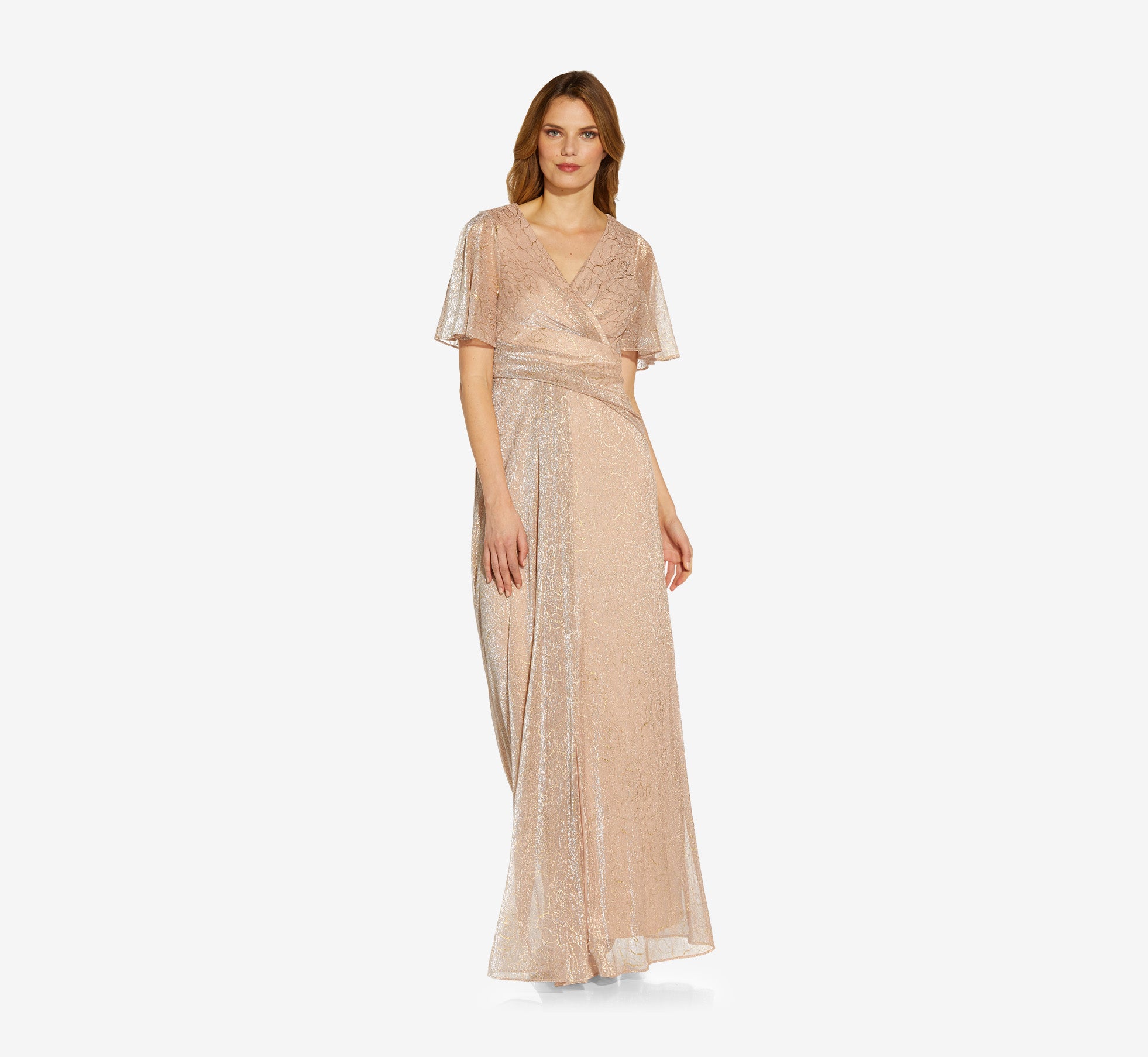 Metallic Mesh Draped Gown In Rose Gold、mySite、solidvoid