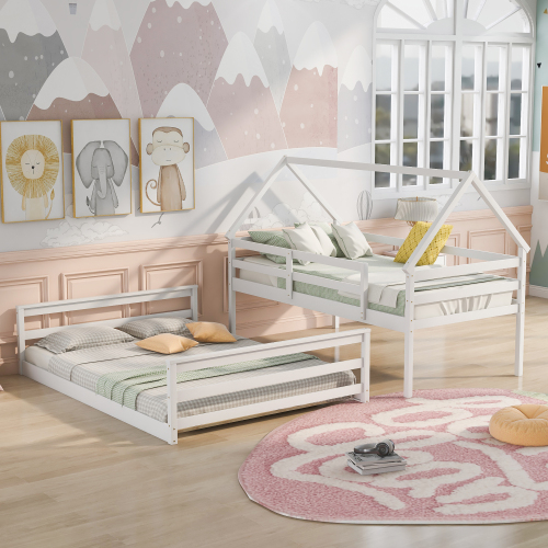 Twin Size Bunk House Bed with Slide and Ladder,Gray、、casual