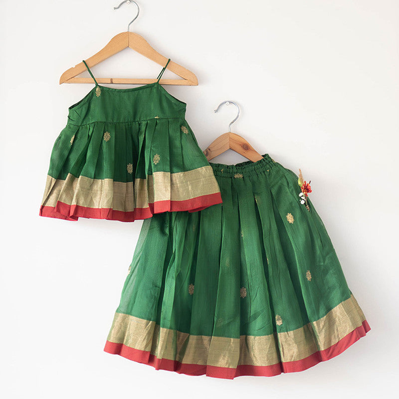 Cotton Lehenga Choli Set For Girls | Ethnic Pleated Top & Lehenga | Green、mySite、camillekostekn