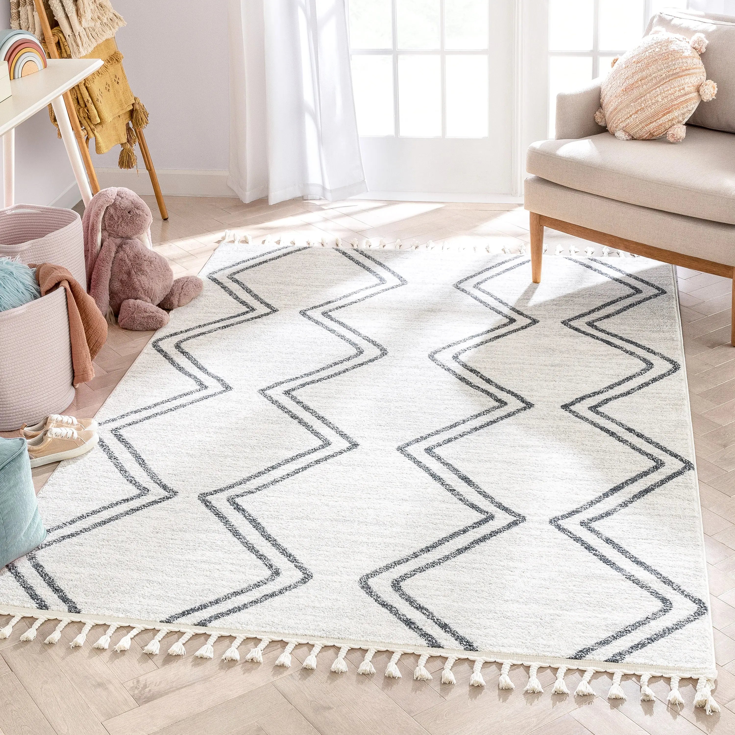 Reeve Modern Chevron Zig-Zag Grey Ivory Kids Rug、mySite、gigharbornorthrealestate