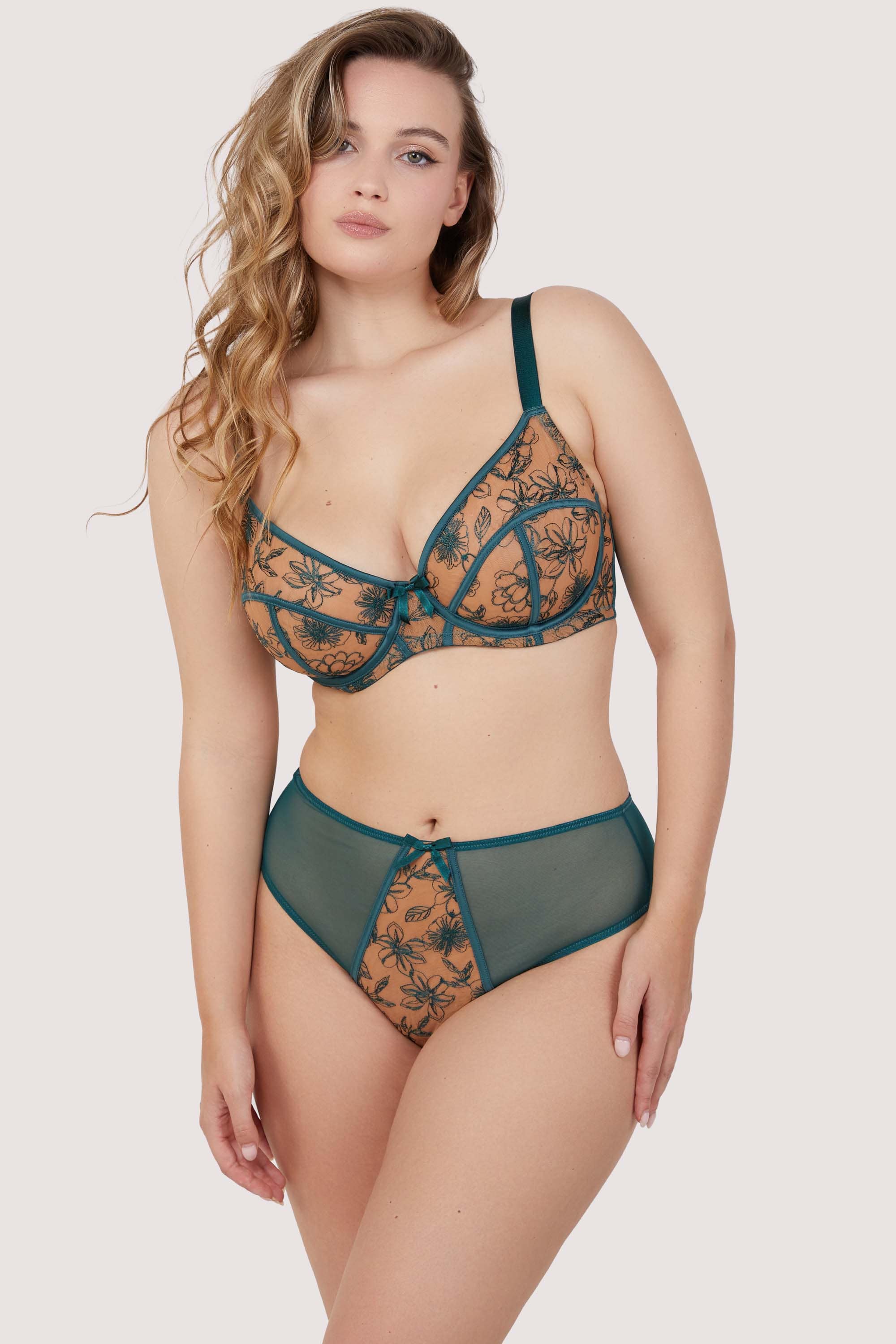Olivia Teal Contrast Embroidery Balconette Bra、mySite、bengalsvssteelers