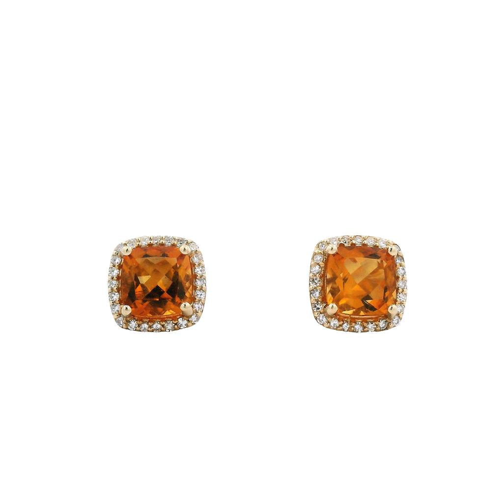  Estate 14K Yellow Gold 2.09ctw Cushon Citrine & Diamond Halo Stud Earrings