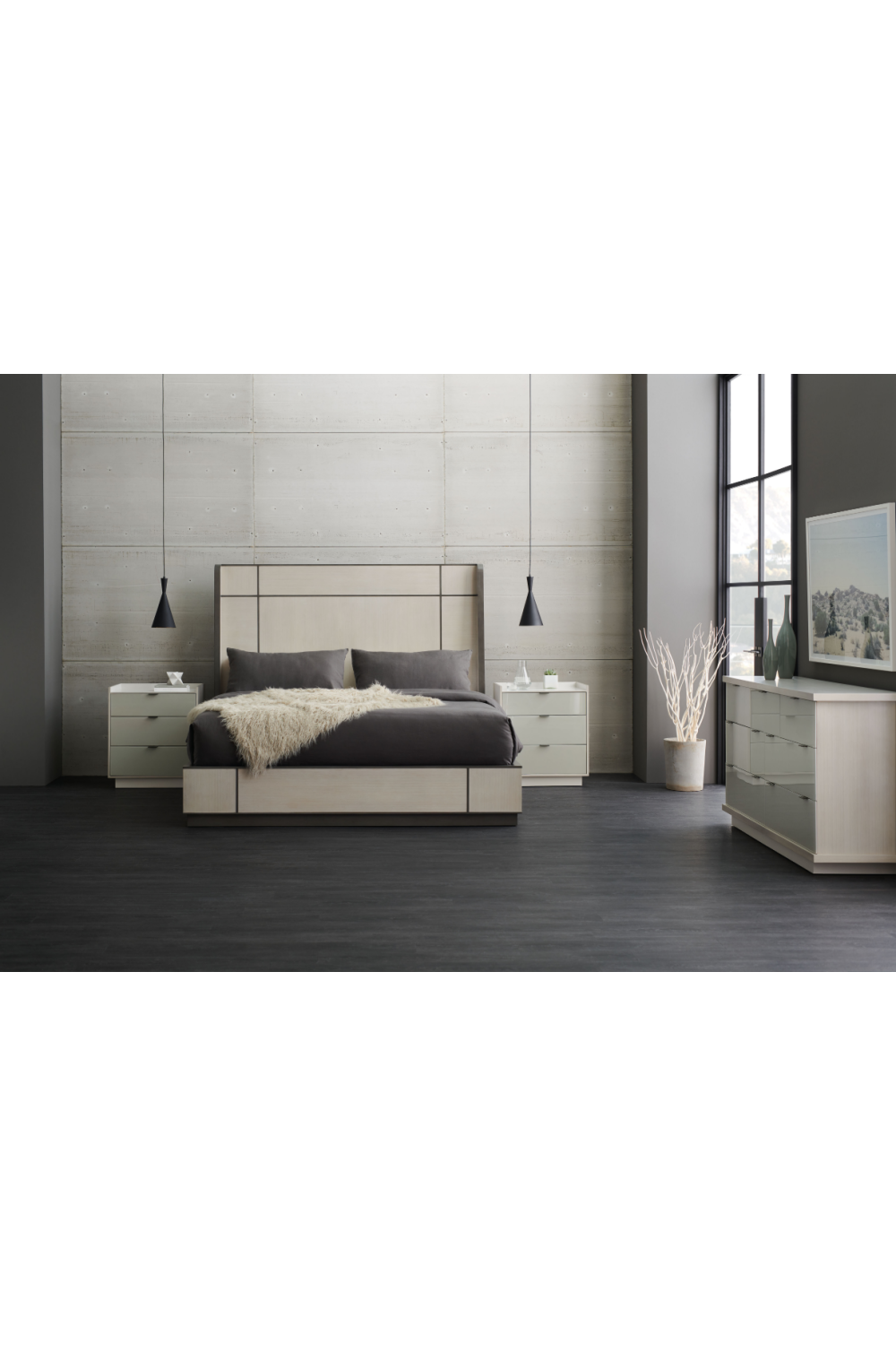 Taupe Modern Bed | Caracole Repetition Wood、mySite、neckold