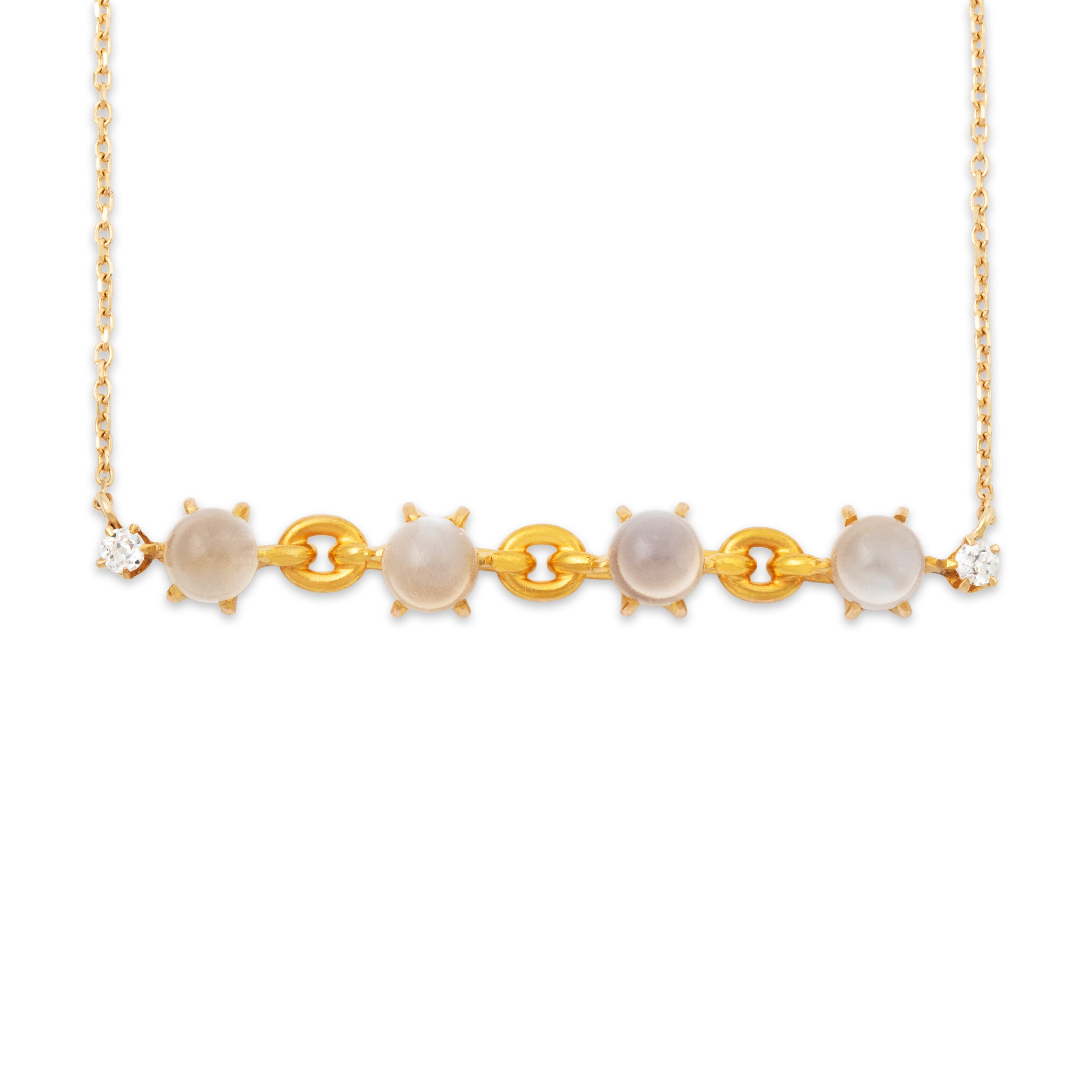 Antique 14k Yellow Gold 3.2cttw Cat's Eye Moonstone Old Mine Diamond Necklace 16、mySite、hinf8tx79