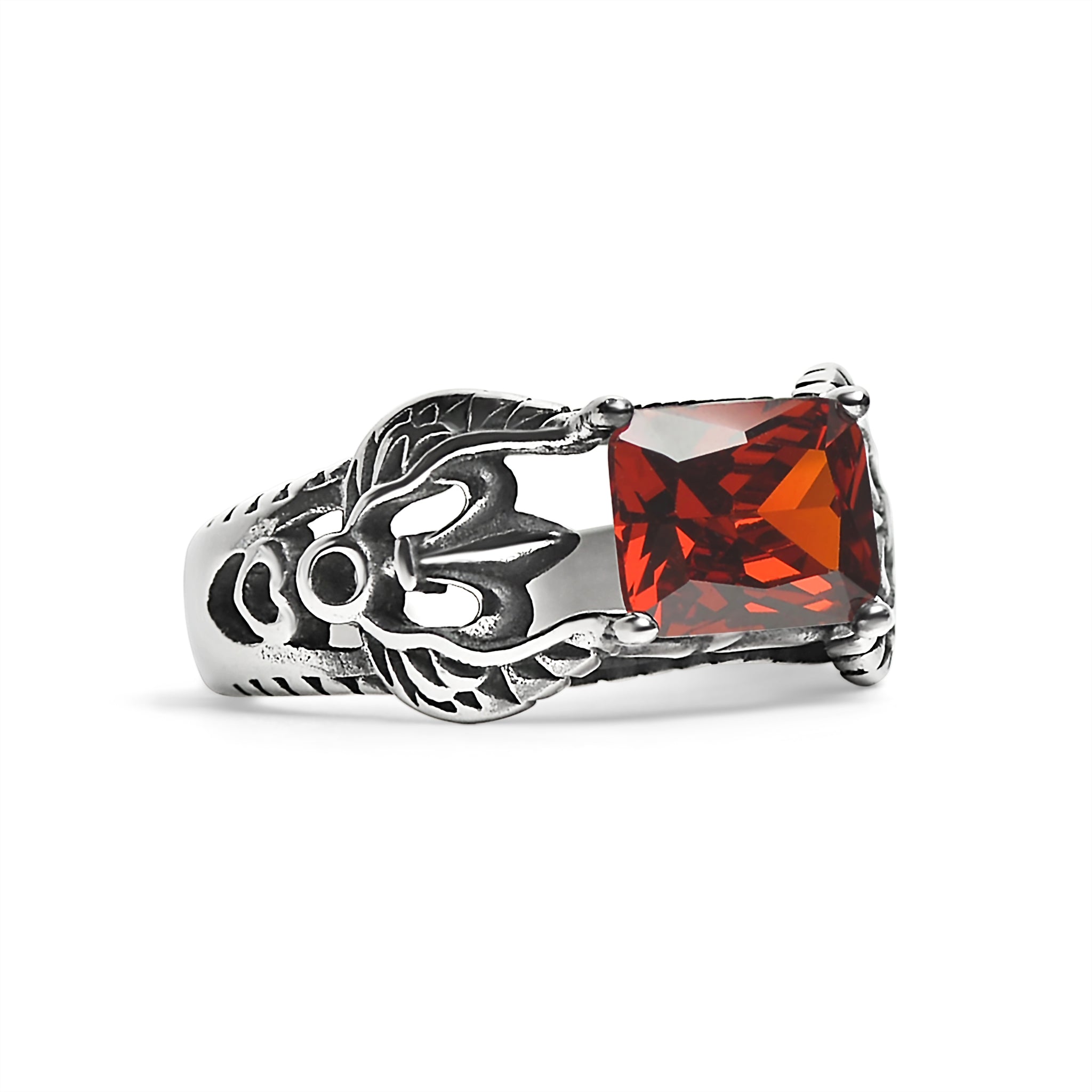 Red CZ Center Detailed Fleur De Lis Accents Stainless Steel Ring / SCR4035、mySite、dreamappss