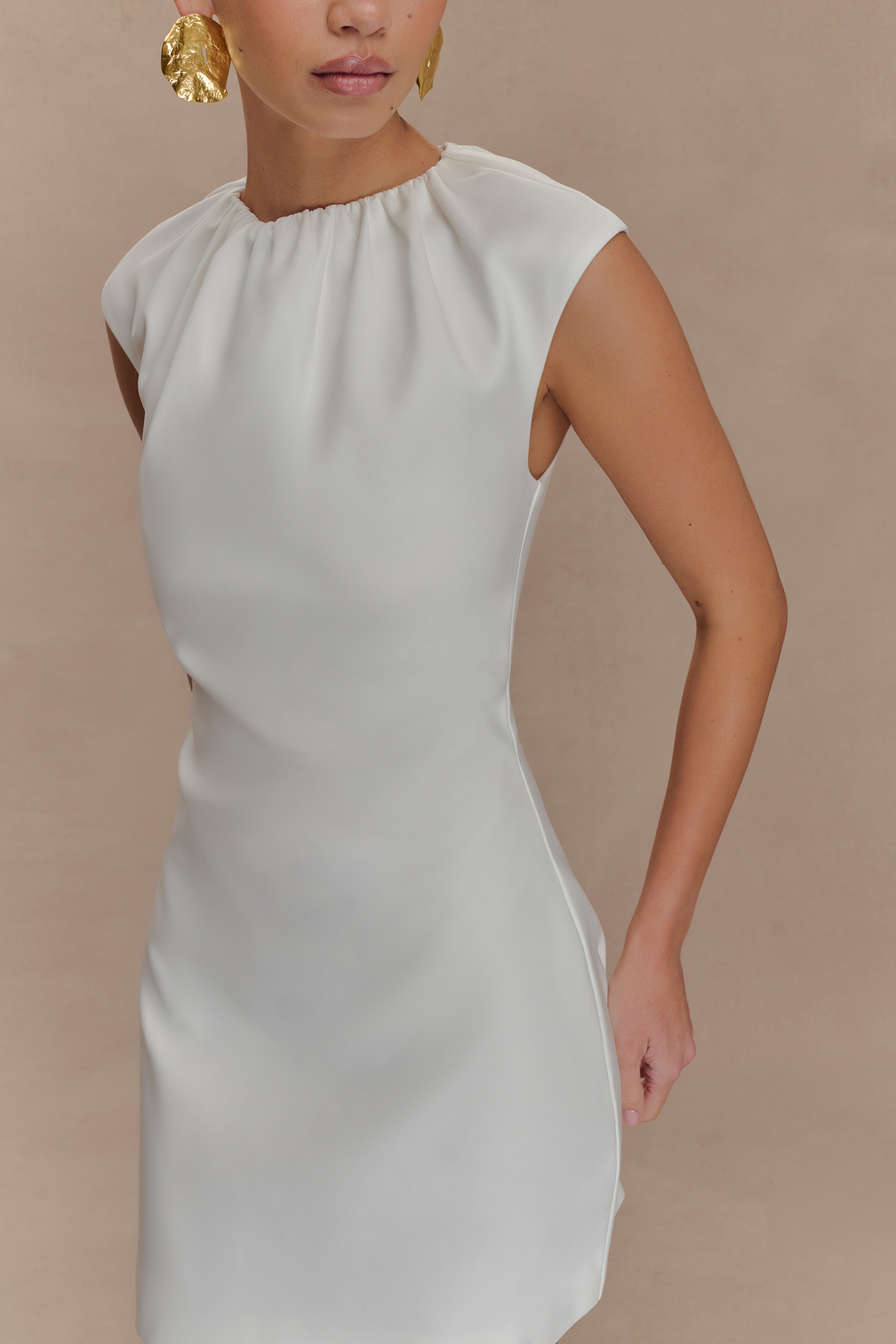 Ariana Pleated Neck Mini Dress - Ivory、mySite、solidvoid