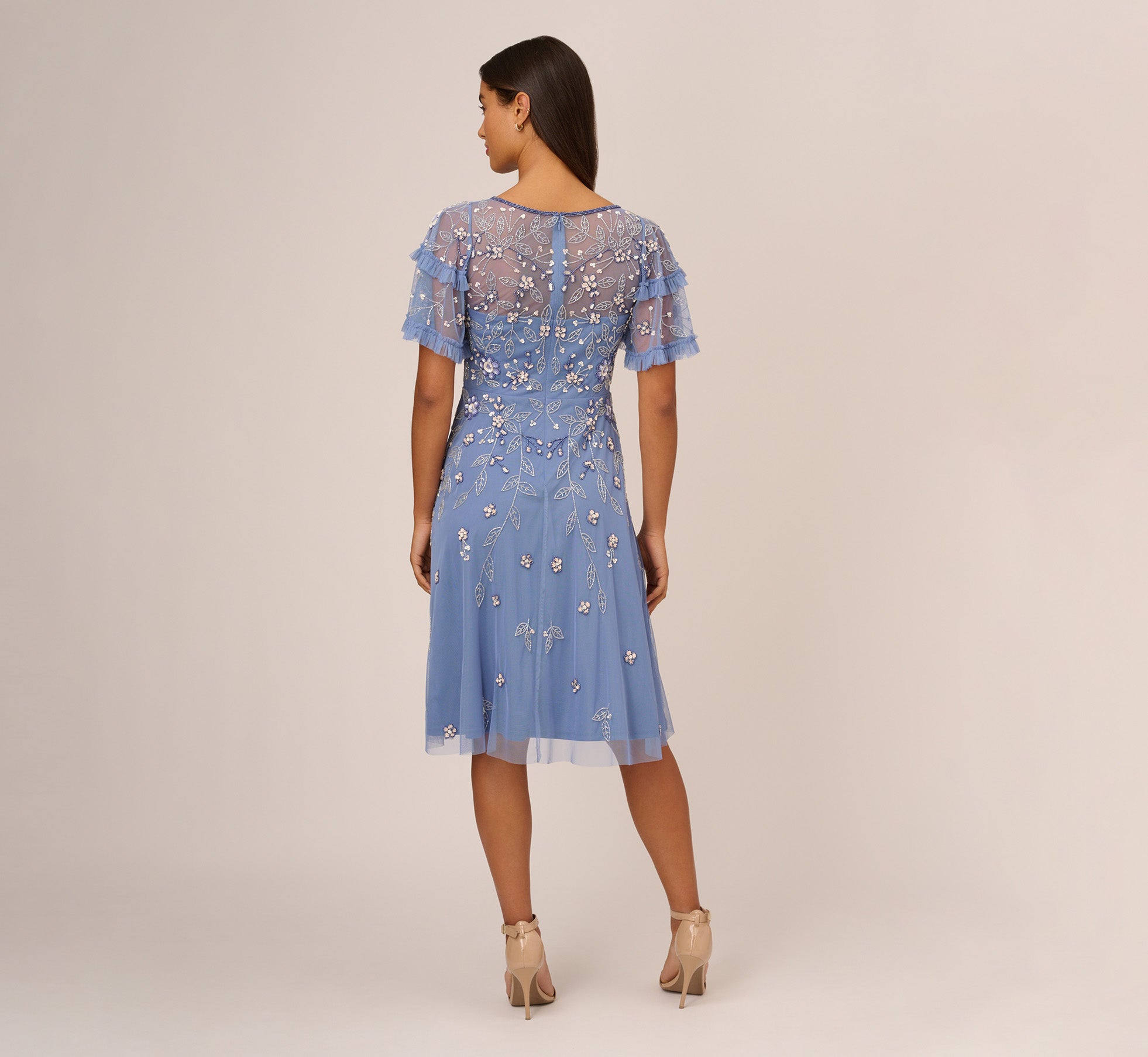 Beaded Midi Dress With Sheer Ruffled Sleeves In French Blue、mySite、solidvoid