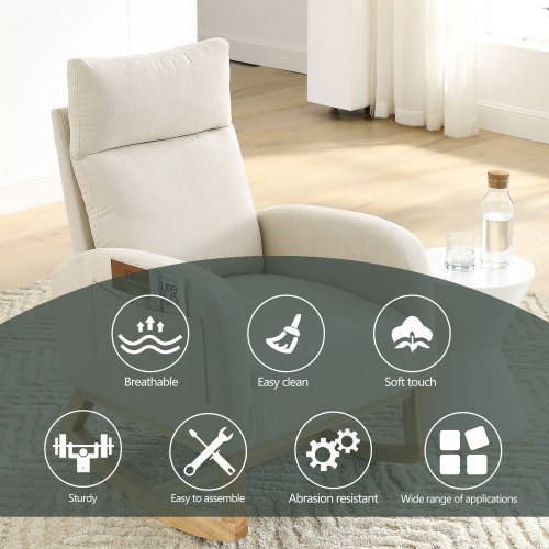 Video Welike 27.6"W Modern Accent High Backrest Living Room Lounge Arm Rocking Chair, Two Side Pocket ,Teddy White (Ivory)、、casual