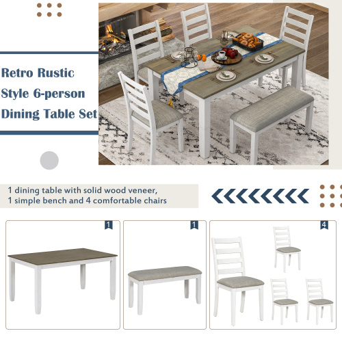 TREXM Rustic Style 6-Piece Dining Room Table Set with 4 Upholstered Chairs & a Bench (Brown + Whitewash)、、casual