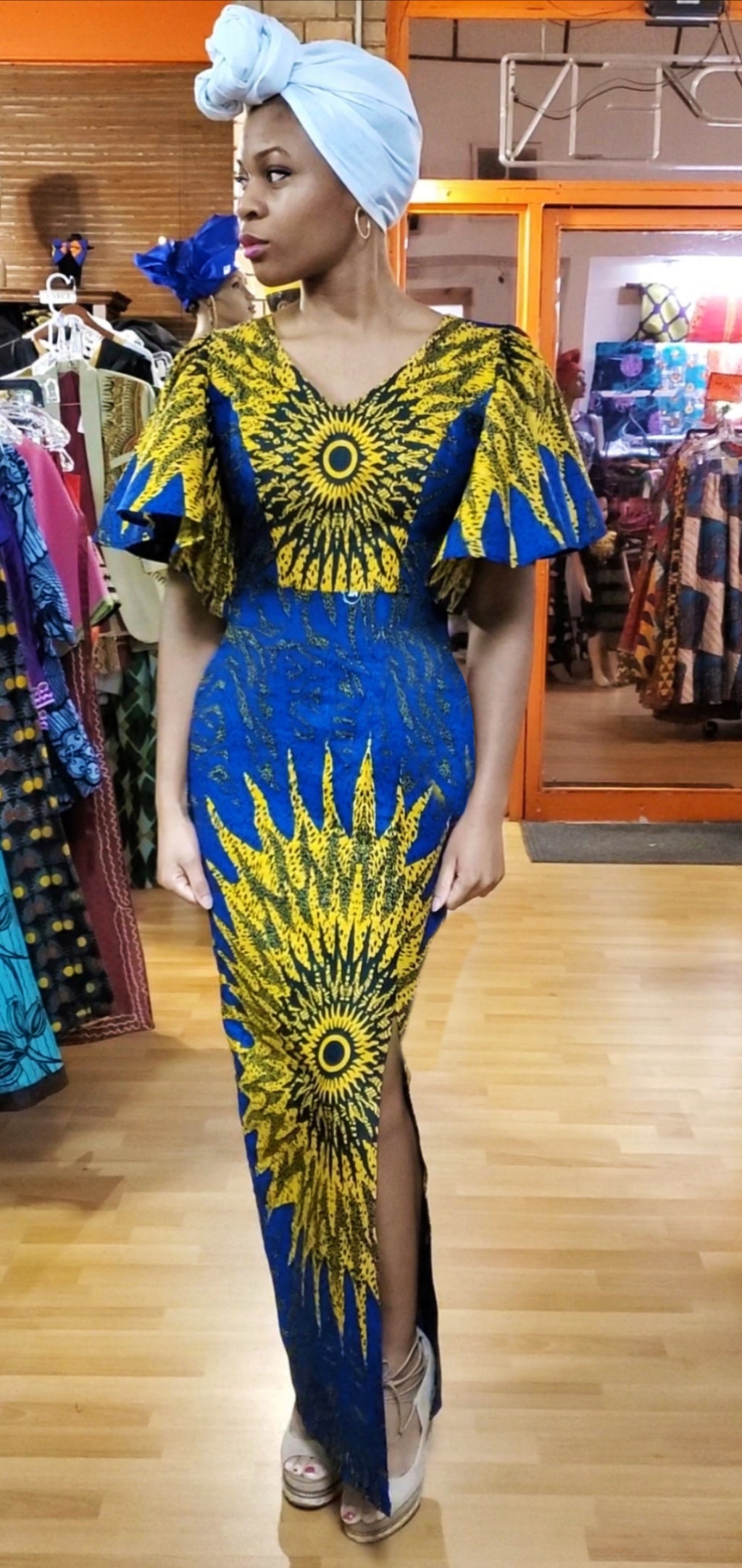 Nifewhi Blue Gold African Print Dress-DP4071D6、mySite、solidvoid