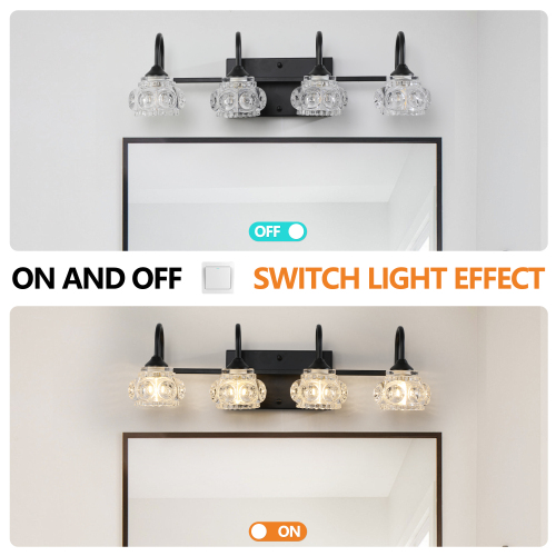 23" Retro 4-Light Bathroom Vanity Light Fixture - Black Finish with Crystal Glass Shades, Wall Mounted Lighting for Bathroom, Powder Room, and Vanity Mirror (No Bulbs)、、eastwooduniform